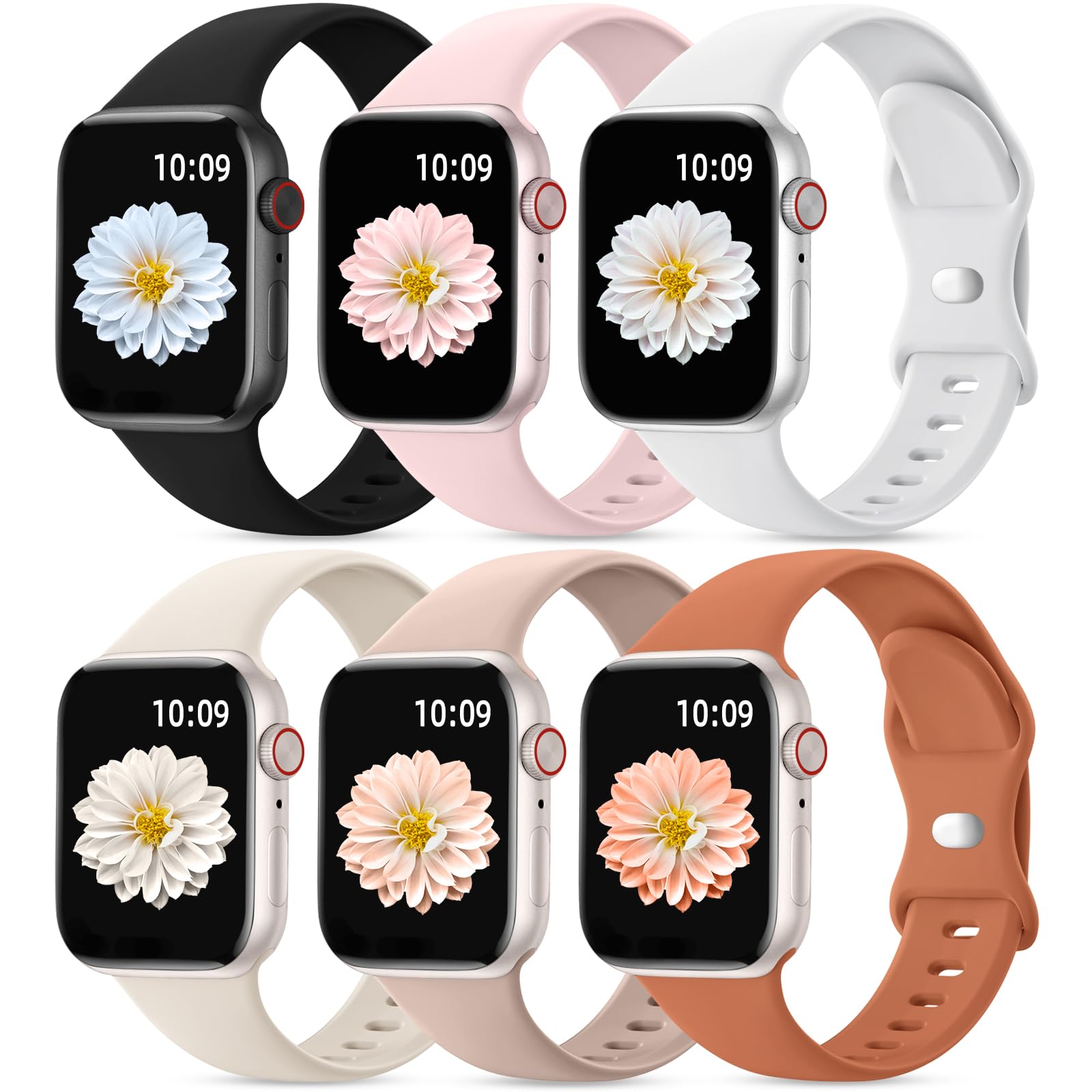 6 Pack Soft Silicone Sport Bands for Apple Watch - Compatible with Series 10/9/8/7/6/5/4/3/2/1, SE & Ultra (38mm/40mm/41mm/42mm/44mm/45mm/46mm/49mm) - Waterproof, Comfortable Wristband for Women & Men - Perfect for Gym, Running, Swimming & Daily Wear