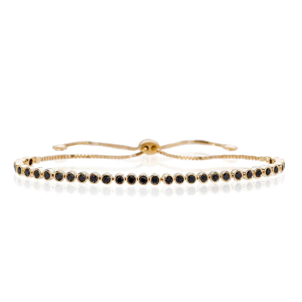 Modern Bezel Black Diamond Bolo Bracelet for Women - Adjustable Sliding Knot Design - Elegant Jewelry Gift for Anniversary, Birthday & Special Occasions