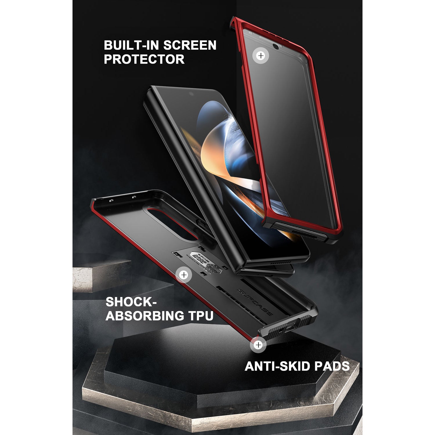 Samsung Galaxy Z Fold 4 Case with Built-in Kickstand & Screen Protector - Shockproof Heavy Duty Cover for Z Fold4 - Metallic Red | Perfect for Work, Travel & Everyday Protection