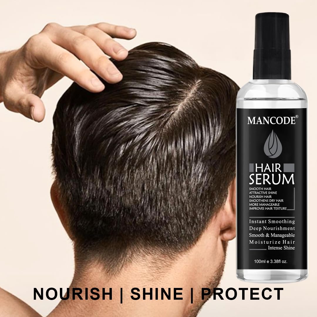 Mancode Hair Serum for Men - Instant Shine & Smoothness, Frizz-Free Soft & Silky Hair Treatment for Dry & Wet Hair - 100ml (3.38 fl oz) - Perfect for Daily Styling, Work & Special Occasions