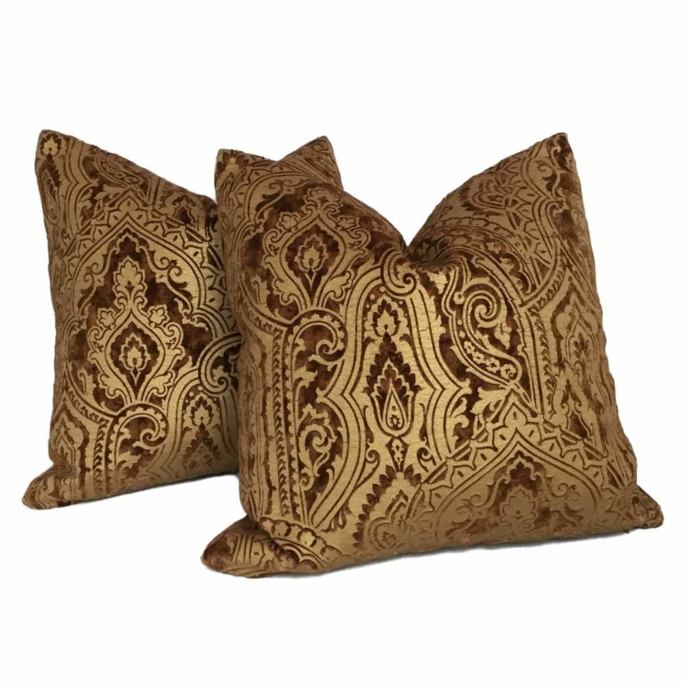 Robert Allen Beacon Hill Gilt Paisley Gold Brown Italian Velvet Pillow Cover - Luxury Decorative Throw Pillow Covers for Sofa, Bed & Home Decor