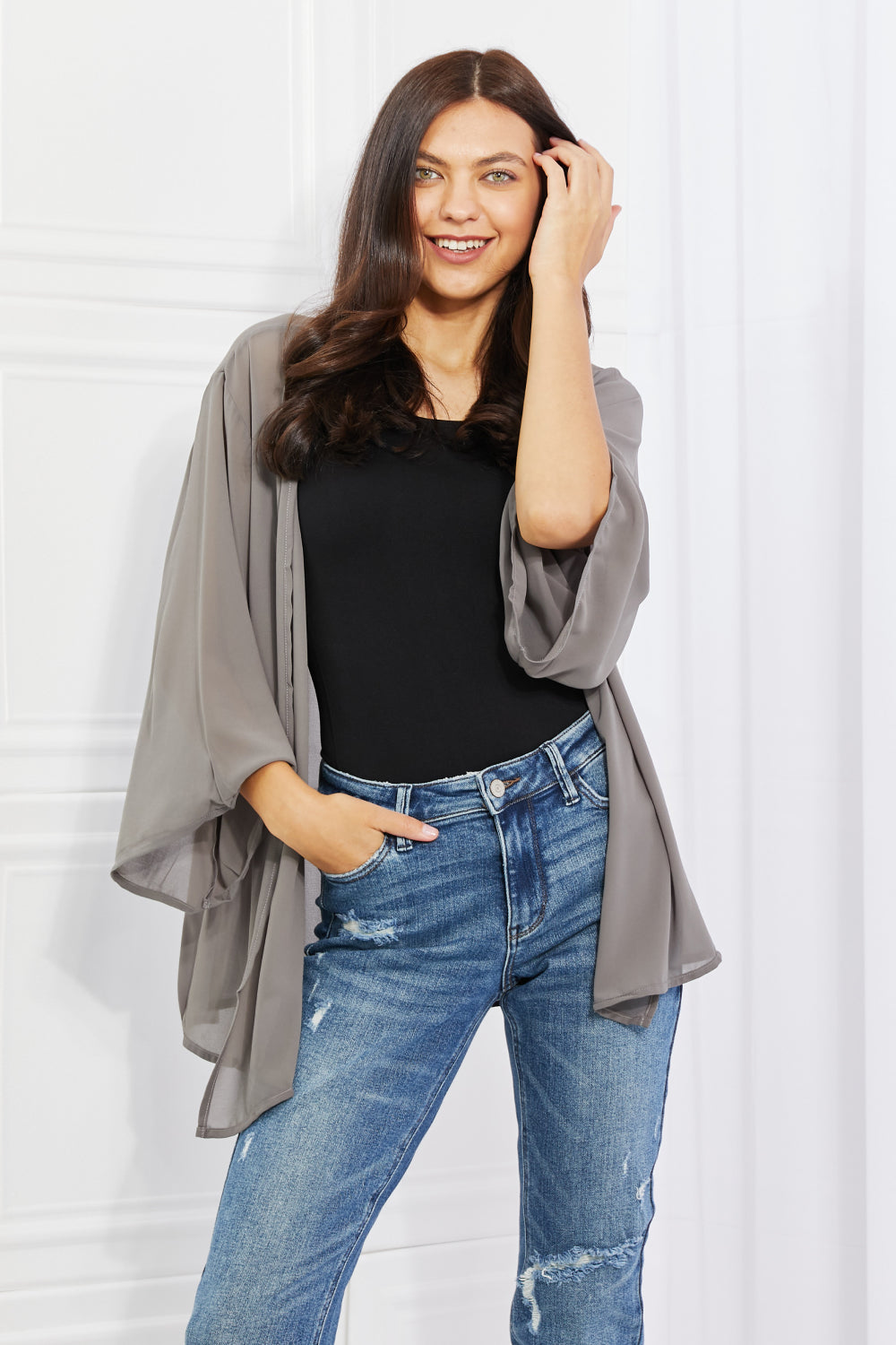 Melody Just Breathe Full Size Grey Chiffon Kimono Robe - Lightweight Cover Up for Beach, Bridal Party & Loungewear