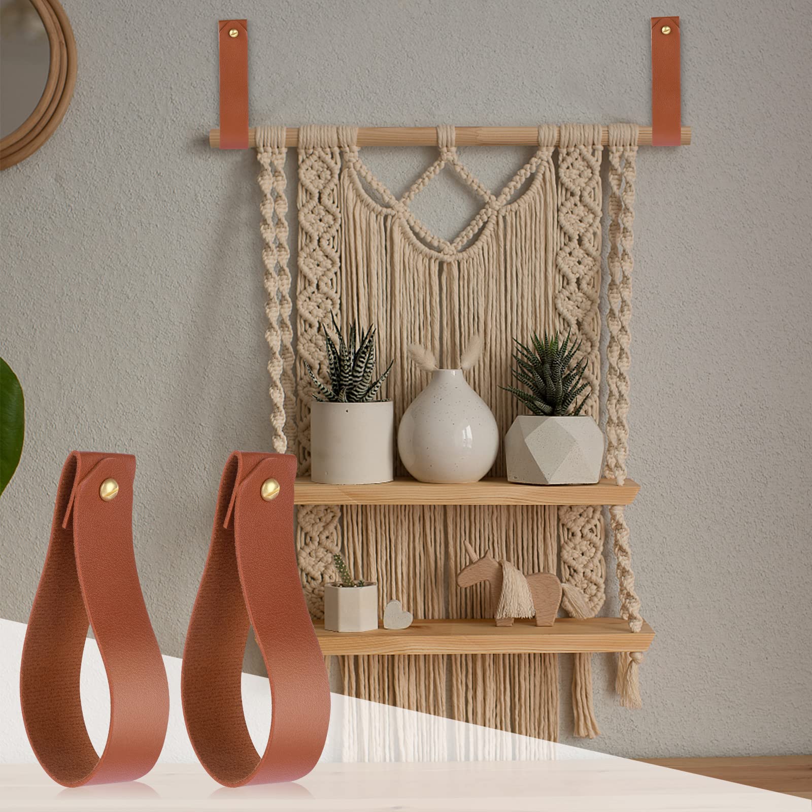 4Pcs Leather Hook Lanyard - Boho Style Wall Hanging Straps for Towels, Curtains & Decor - Durable Hanger for Bathroom, Kitchen & Bedroom - Perfect for Organizing & Stylish Home Decor (Brown)