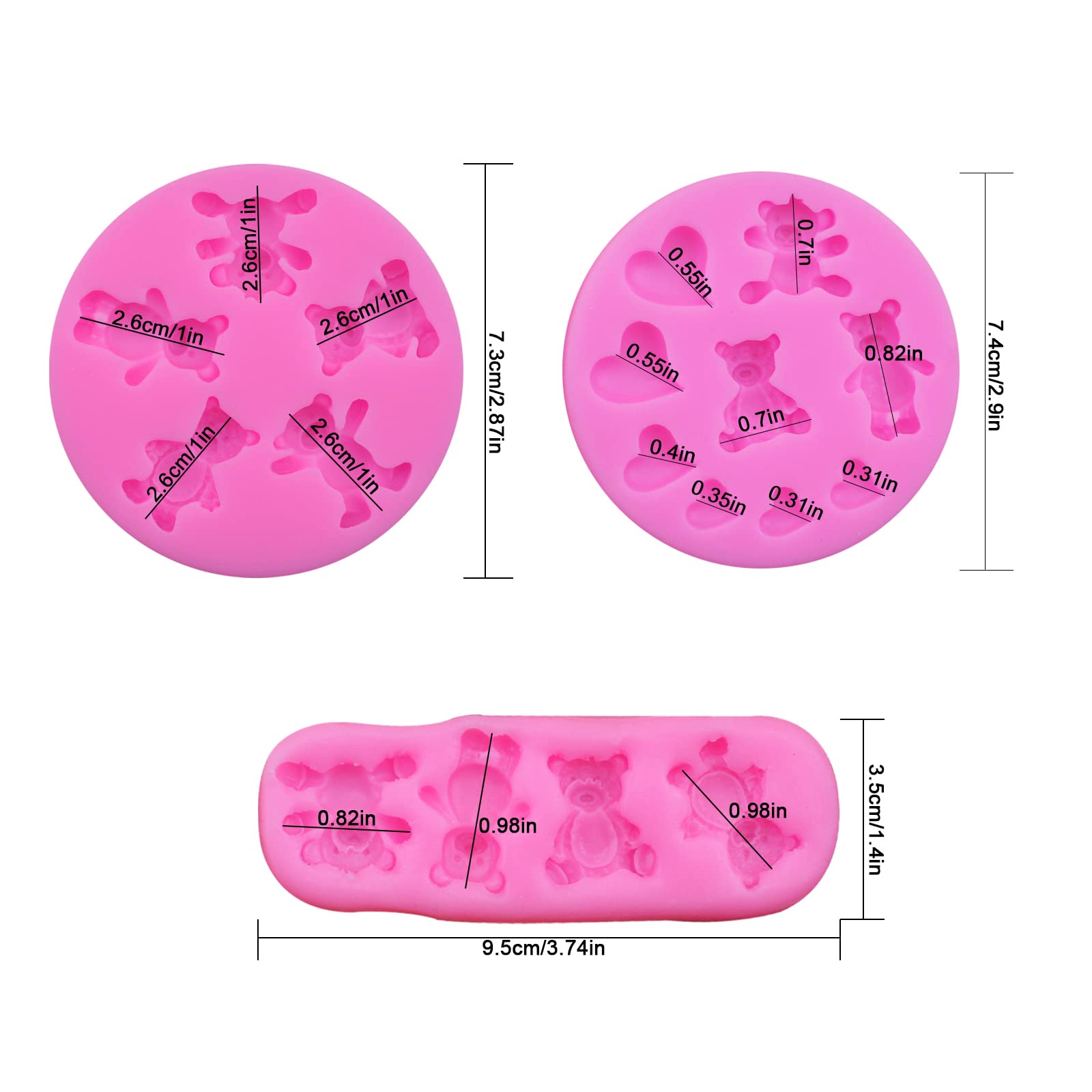 3-Piece Bear Silicone Mold Set - Valentine's Day Fondant Molds for Chocolate, Candy, Gum Paste & Polymer Clay - Cute Bear Cake Decorating Tools for DIY Baking & Crafts (Perfect for Valentine's Gifts, Birthday Parties & Home Baking Projects)