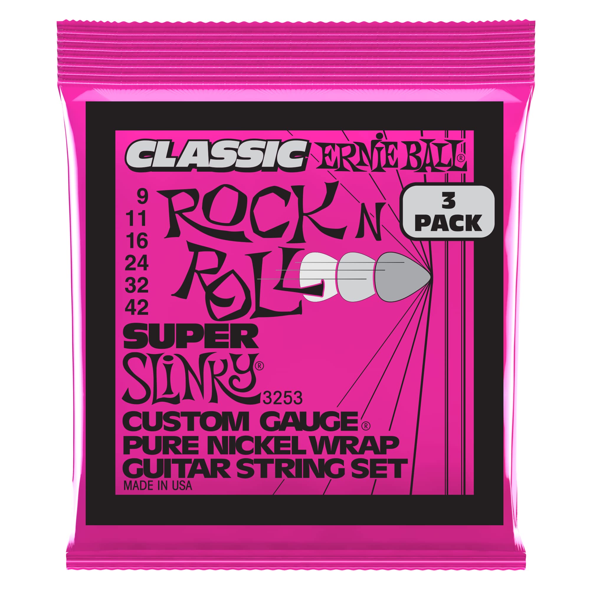 Ernie Ball Super Slinky Classic Pure Nickel Electric Guitar Strings 3-Pack, 9-42 Gauge (P03253) - Perfect for Rock, Blues & Studio Recording