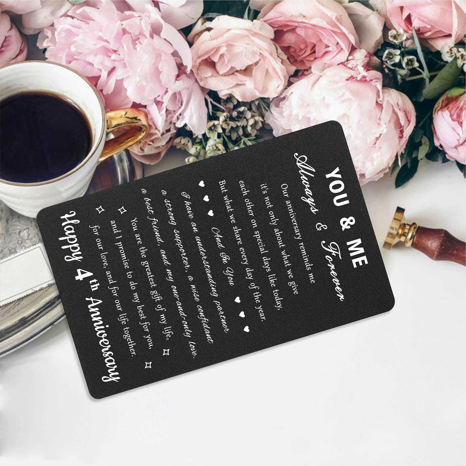 Personalized 4th Anniversary Card Gifts - Engraved Wallet Card for 4 Year Wedding Anniversary - Perfect for Romantic Gifts, Couples Keepsakes & Special Occasions