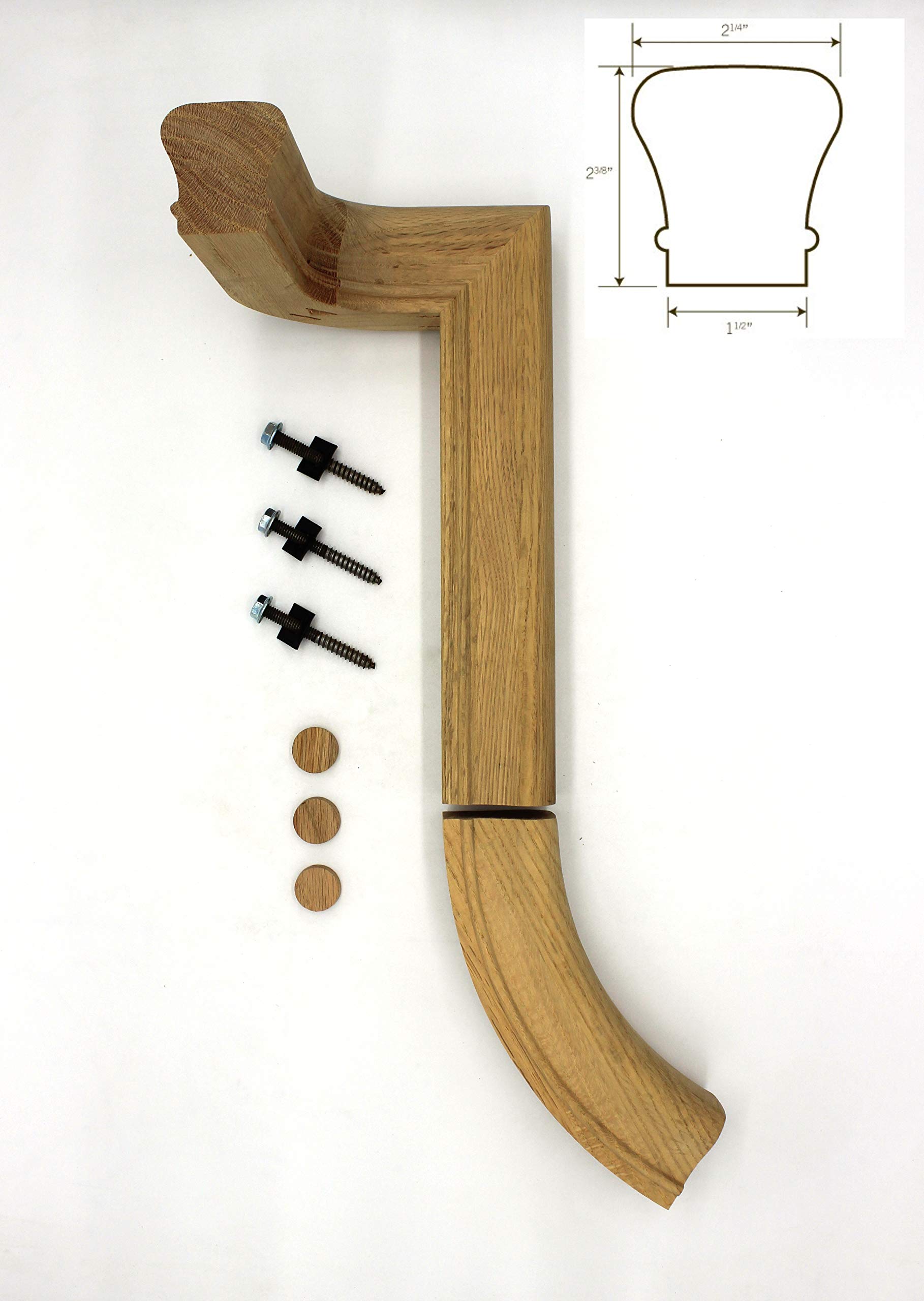 90 Degree Left Hand Gooseneck 2 Rise Stair Handrail - 6010 Series Hardwood Red Oak - No Cap Quarterturn Design for Staircase Safety & Elegant Home Decor