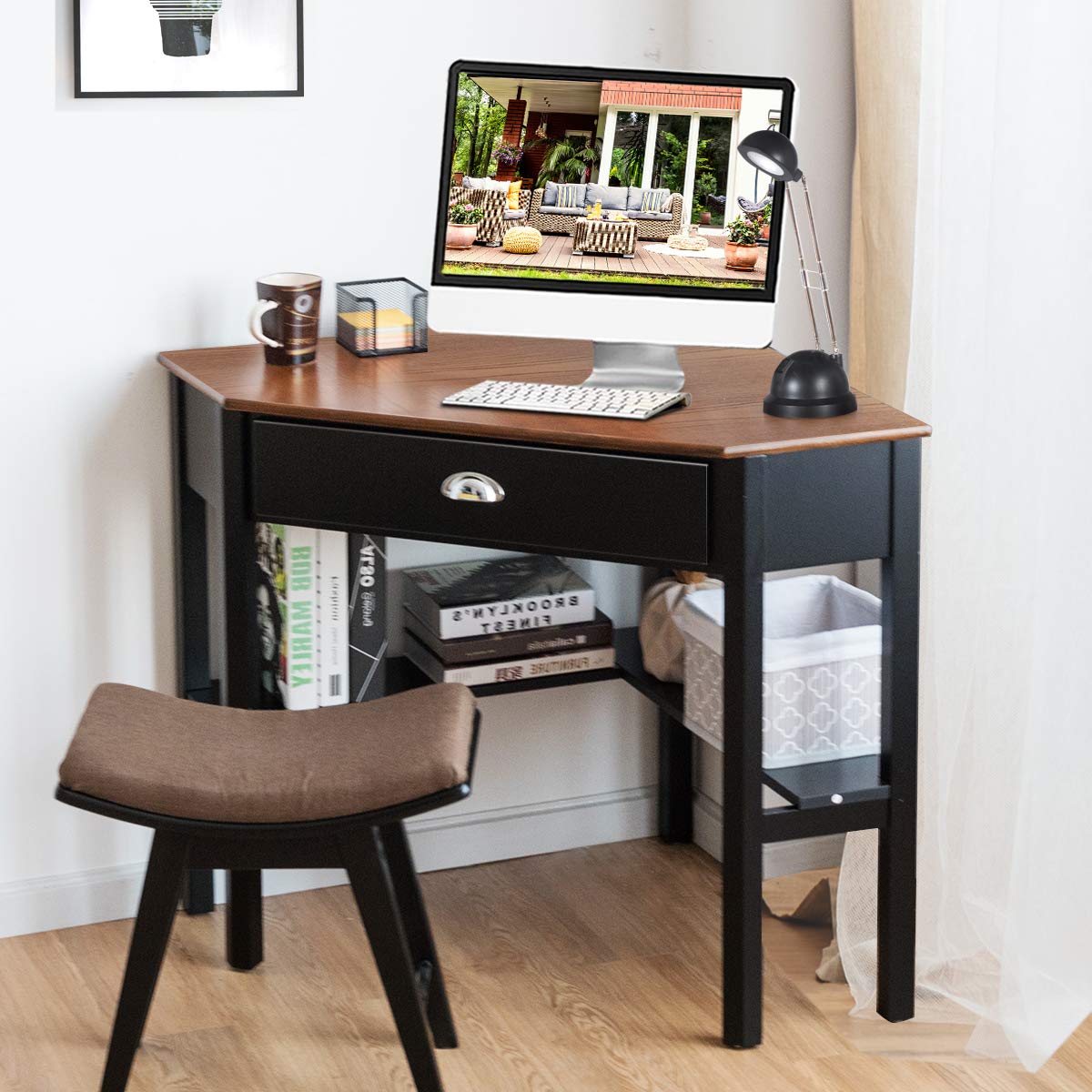 Tangkula 90-Degree Corner Desk with Drawer & Storage Shelves - Compact Computer Desk for Small Spaces, Home Office & Makeup Vanity (Coffee & Black) - Perfect for Apartments, Dorms & Workspaces
