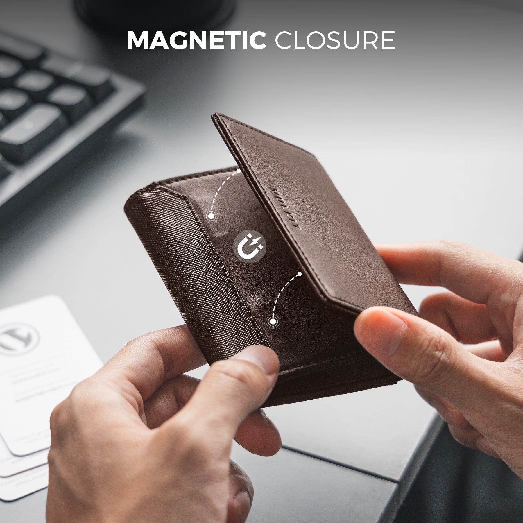 Premium VBC101 Leather Business Card Holder - Magnetic Closure, Holds 40 Cards with ID Window - Perfect for Professionals, Networking & Office Use