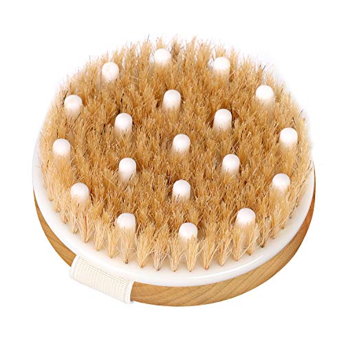 HEETA Round Handle Solid Wood Boar Bristle Body Brush - Exfoliating Brush for Wet & Dry Skin Care, Gently Remove Dead Skin & Cellulite - Natural Bristles with Soft Nylon - Perfect for Shower, Spa & Home Skincare Routine (Brown)
