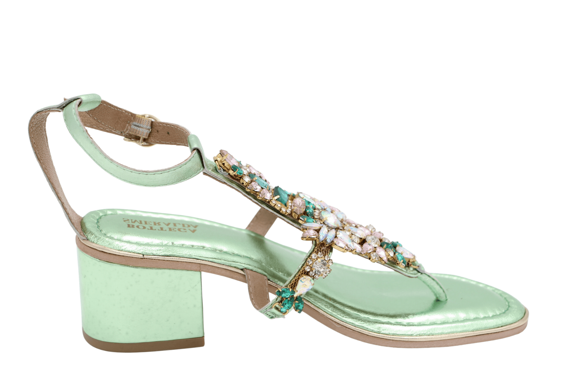 BOTTEGA Women's Mint Green Metallic Embellished Block Heel Sandals - Elegant Party & Wedding Shoes for Summer Events