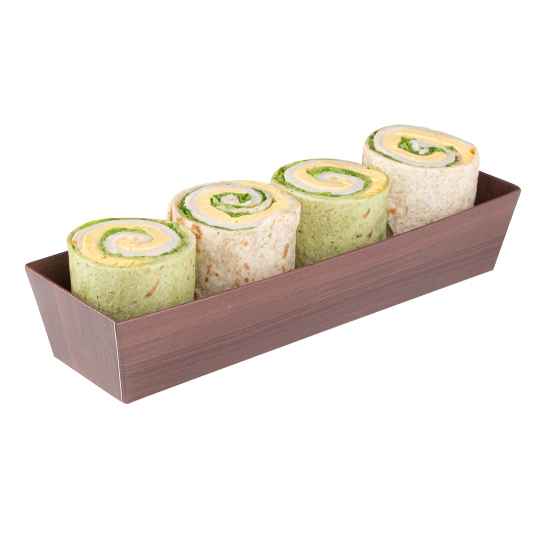 Restaurantware Matsuri Vision 6.5 x 1.7 x 1.4 Inch Disposable Sushi Trays - 100 Greaseproof Wood Grain Paper Sushi Containers for Appetizers, Desserts & Takeout (Lids Sold Separately) | Perfect for Japanese Restaurants, Catering & Food Delivery