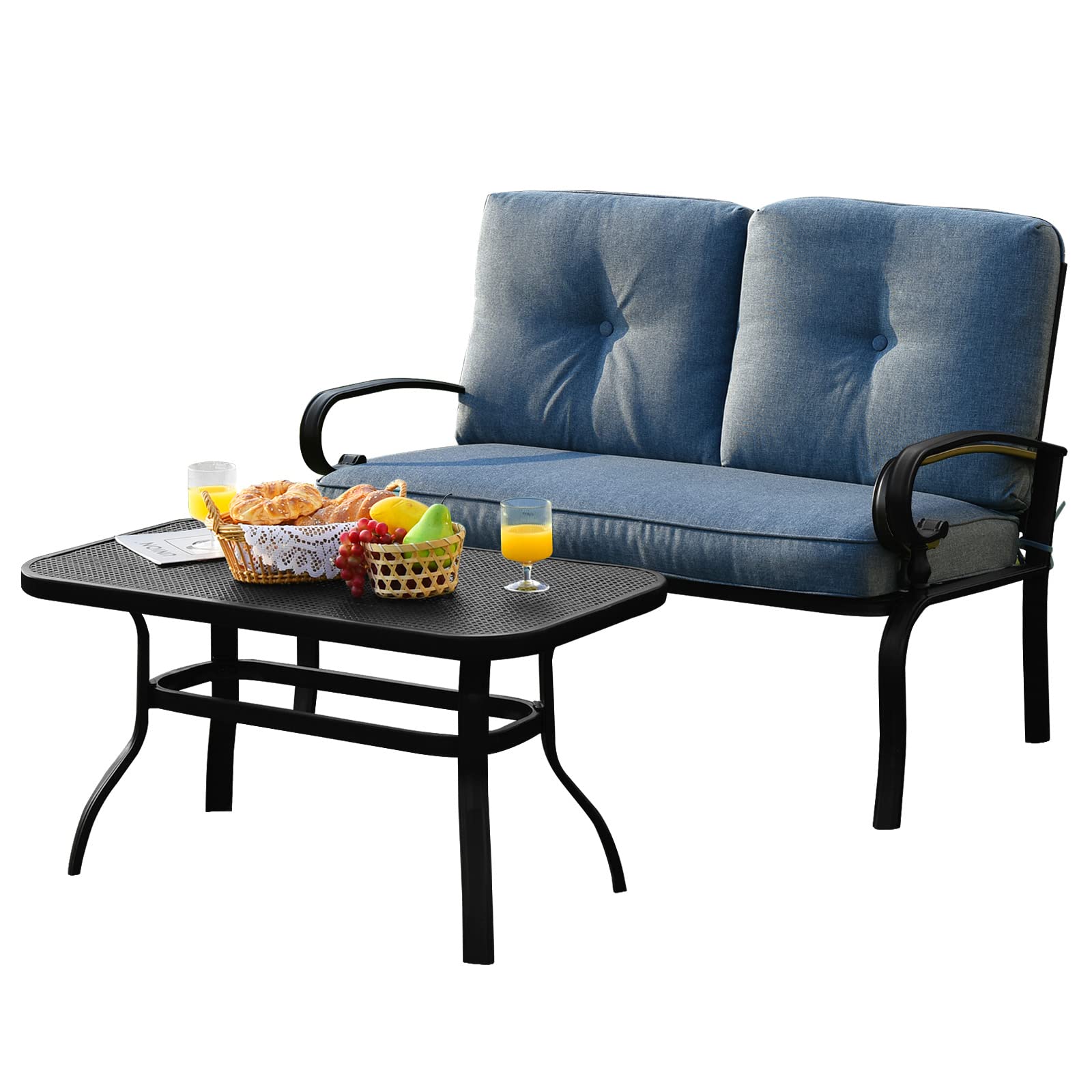 Tangkula 2-Piece Outdoor Patio Loveseat Set with Cushions & Coffee Table - Rustproof Steel Frame, Waterproof Fabric - Perfect for Garden, Poolside, Balcony & Backyard Relaxation (Blue)