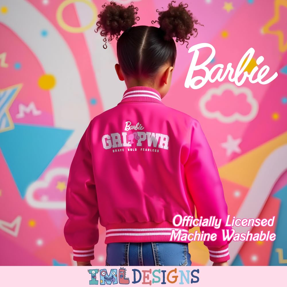 Barbie Girls Bomber Jacket - Pink Zip Up Varsity Jacket for Girls | Trendy Outerwear for School, Playdates & Birthday Parties | Girl Power Fashion for Everyday Wear