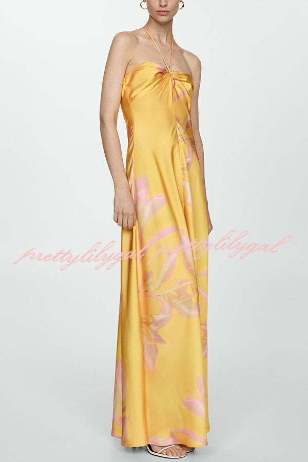 **Catalina Island Satin Floral Print Twist Bust Halter Maxi Dress - Elegant Beach Wedding, Summer Vacation & Boho Party Outfit**