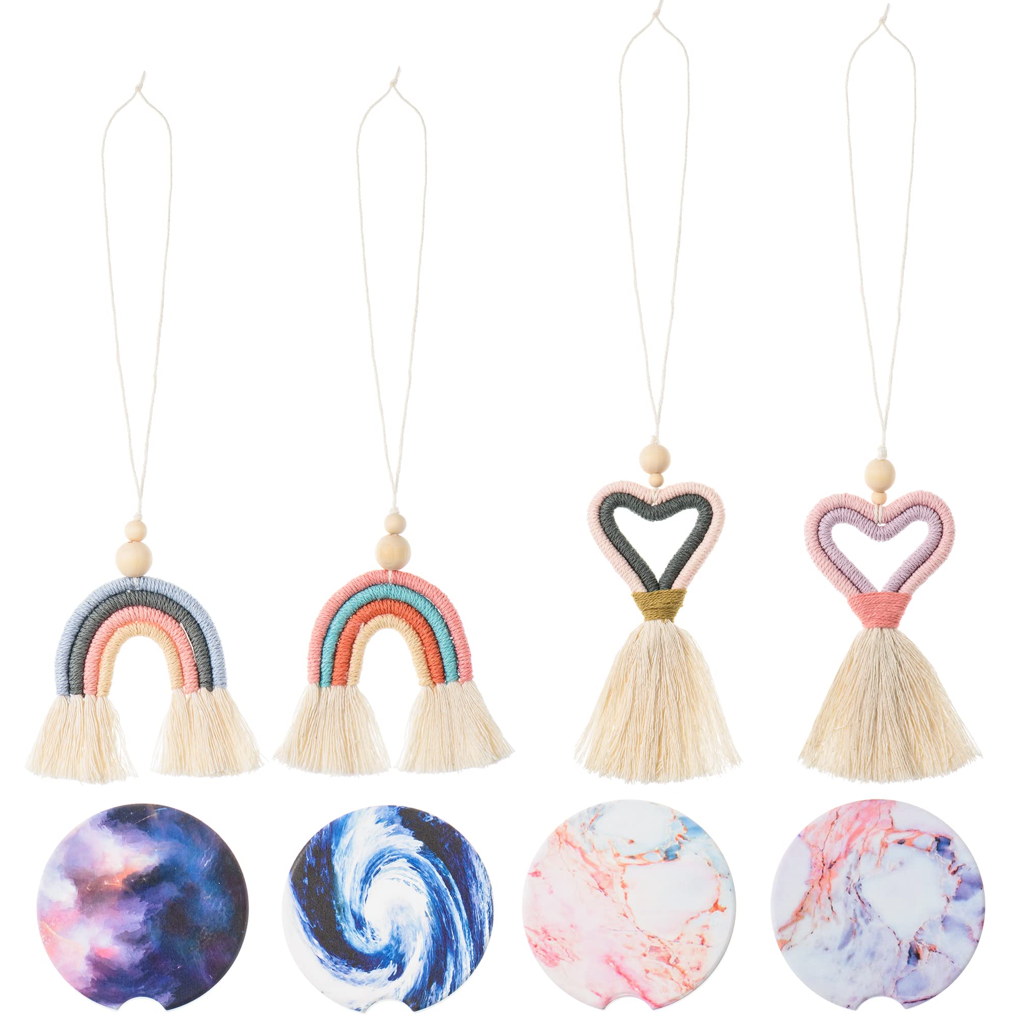 FIOEOZ Boho Rainbow Car Diffuser & Cactus Ornament Set - Macrame Hanging Car Decor with Wooden Beads & Essential Oil Diffuser - Aromatherapy Car Accessories for Interior Styling (Perfect for Road Trips, Daily Commutes & Gift Giving)