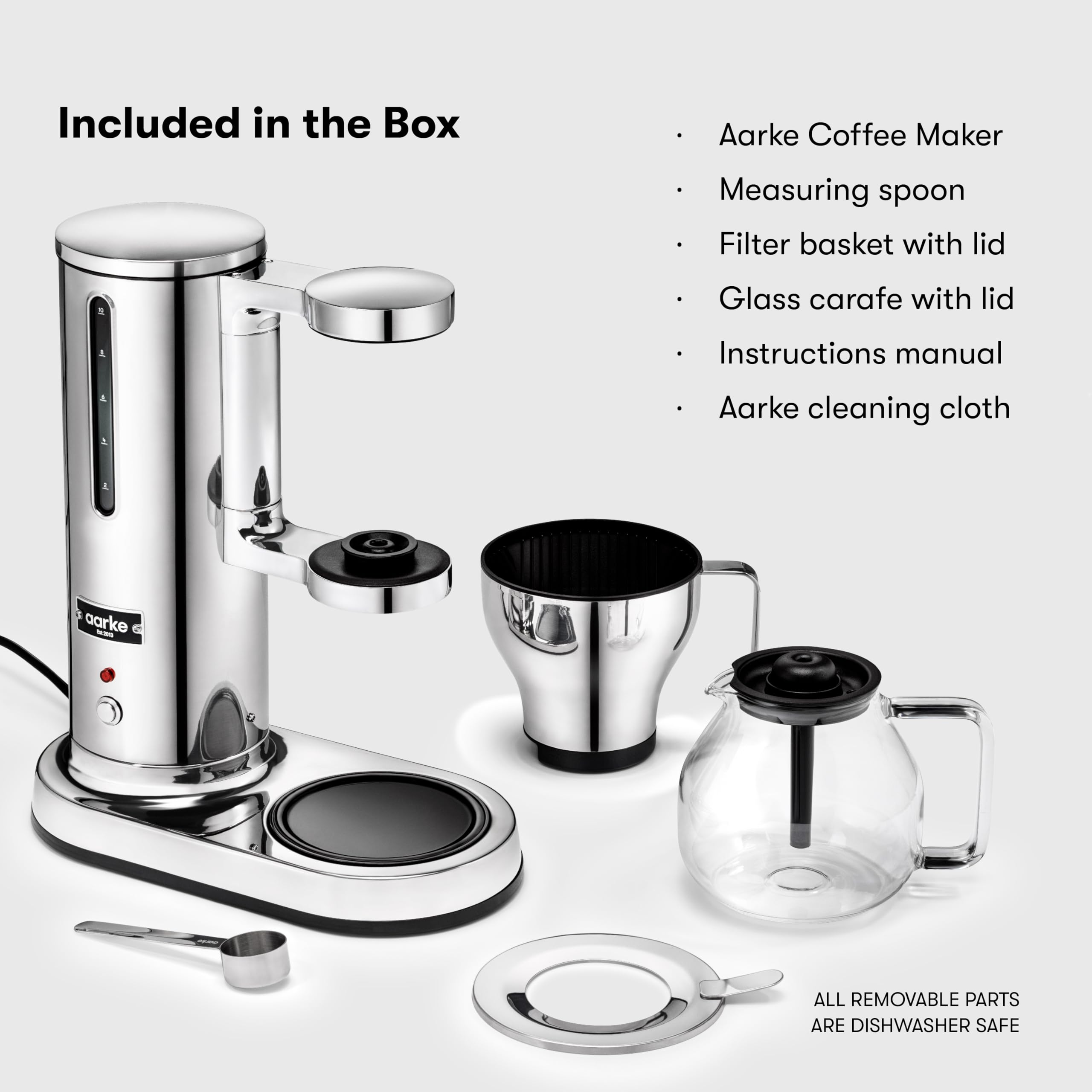 Aarke Electric Drip Coffee Maker - Stainless Steel Filter Coffee Brewer with Glass Carafe & Smart Hot Plate (2-10 Cups, 250mL-1.25L) - Perfect for Home, Office and Restaurant Use