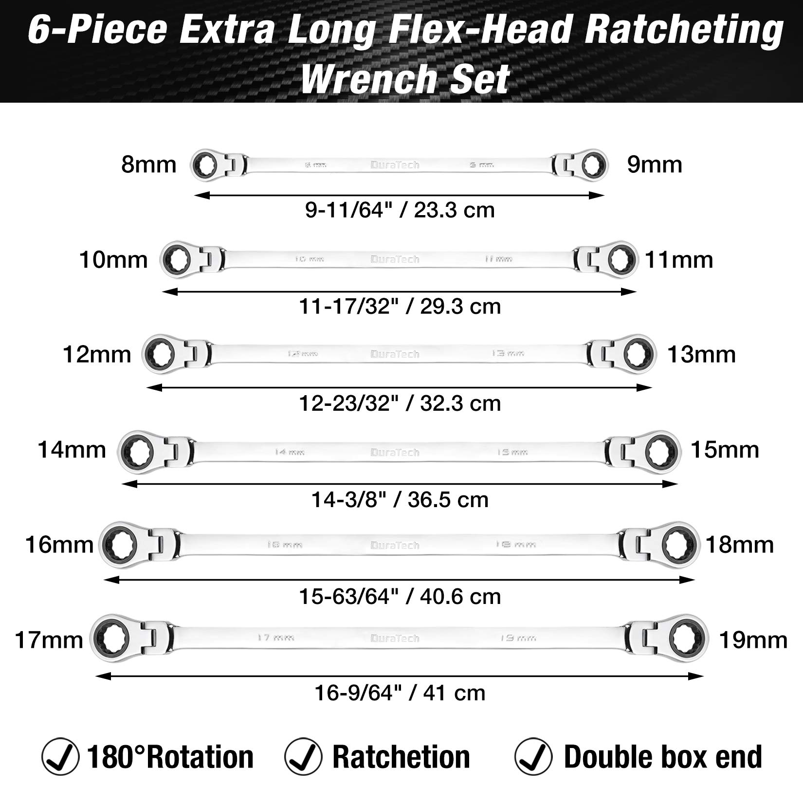 DURATECH 11-Piece Extra Long Flex-Head Ratcheting Wrench Set - Metric & SAE Combination - Professional Automotive & DIY Tool Kit for Tight Spaces and Hard-to-Reach Areas