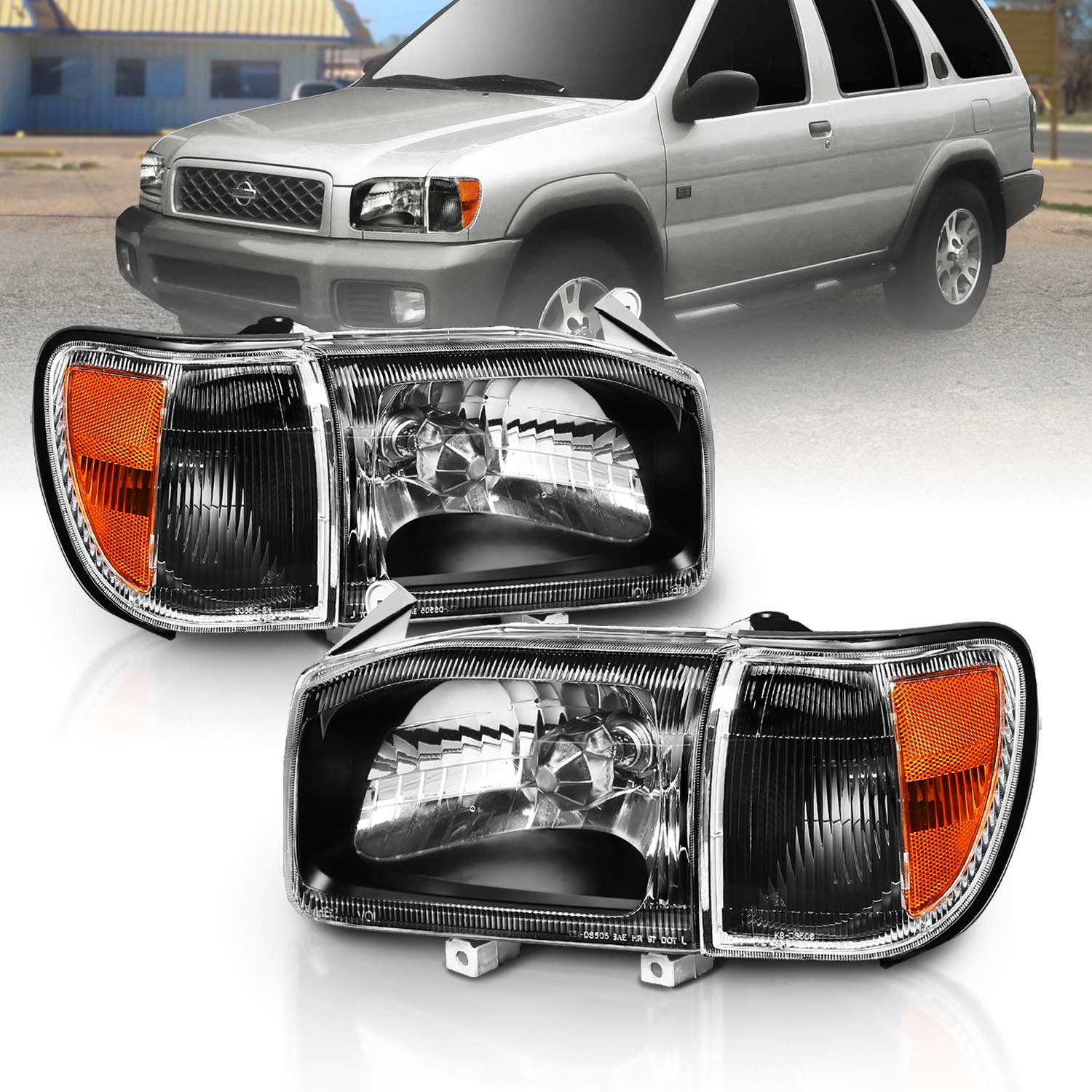 AmeriLite Black Replacement Headlight Corner Set for 1999-2004 Nissan Pathfinder R50 - Left & Right Side Pair - Improve Night Driving Safety & Style