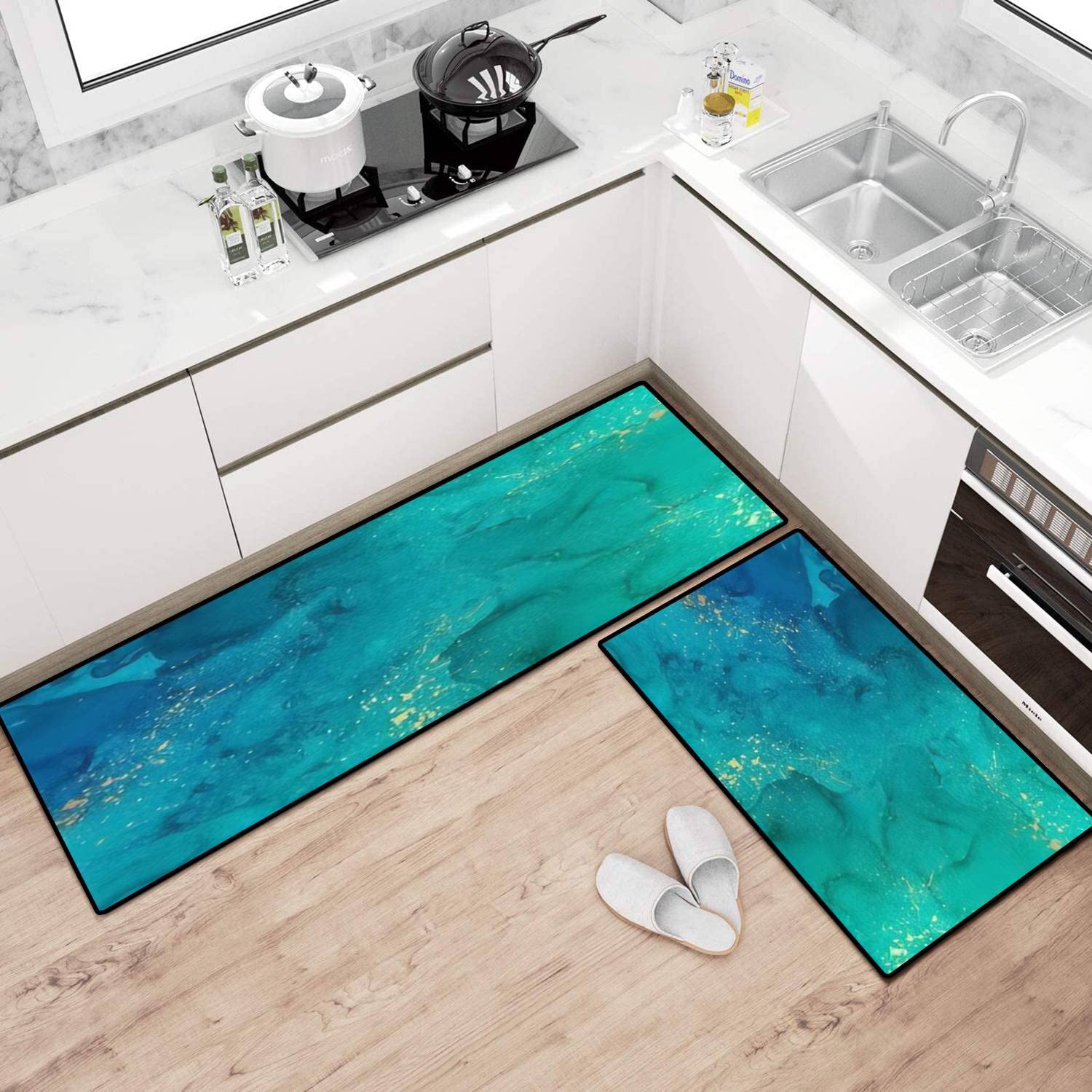 Modern Abstract Non-Slip Washable Kitchen Rugs Set - Luxury Floor Mats for Kitchen, Bathroom & Entryway - Comfort Standing Mats for Home Decor, Anti-Fatigue & Safety