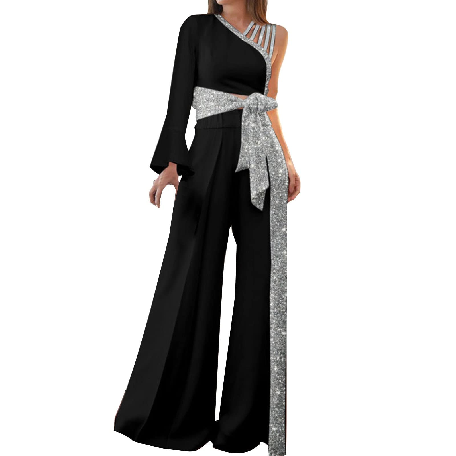 Women's One Shoulder Shiny Wide Leg Jumpsuit - Casual Long Sleeve Romper for Women | Perfect for Night Out, Party, and Special Occasions