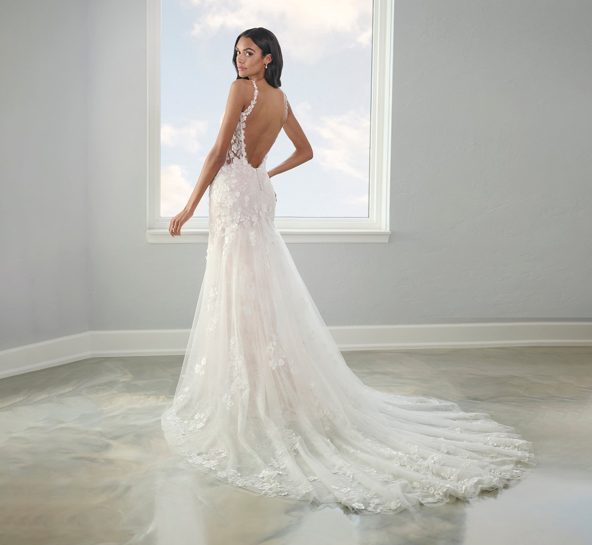 Ivory French Lilac Nude Tulle and Lace Slim Gown - Elegant Wedding Dress for Brides, Prom, Evening Gala & Special Occasions