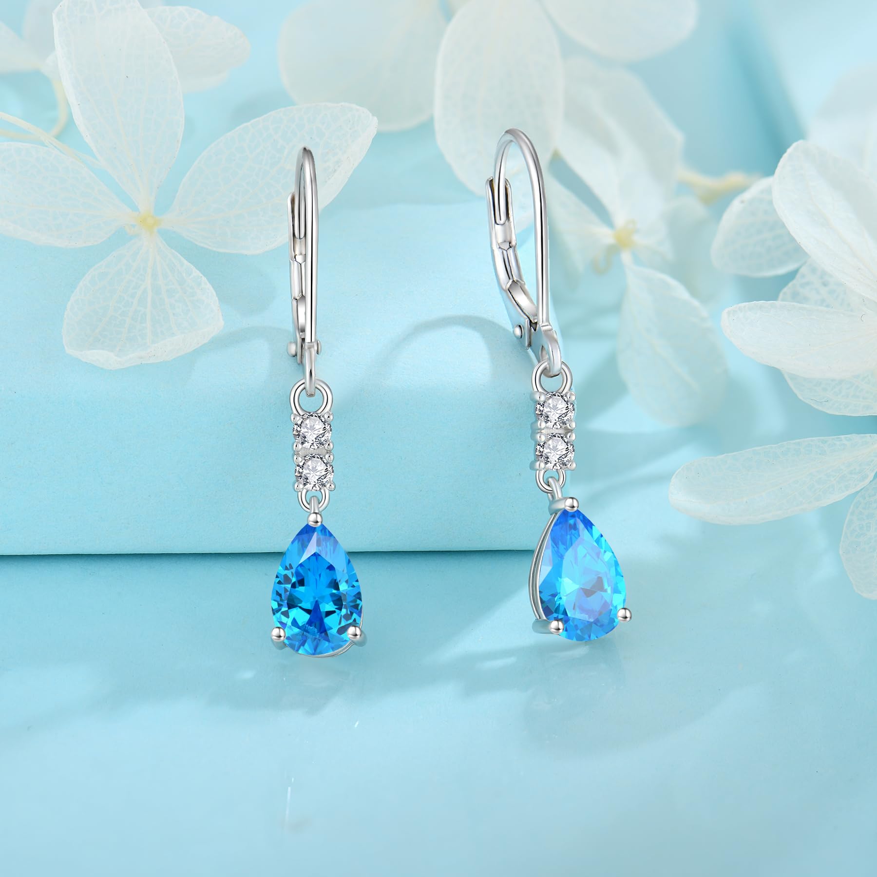 925 Sterling Silver Teardrop Birthstone Leverback Earrings for Women - Dangle Drop FJ Earrings Jewelry Gift for Girls, Mother's Day, Anniversary & Special Occasions