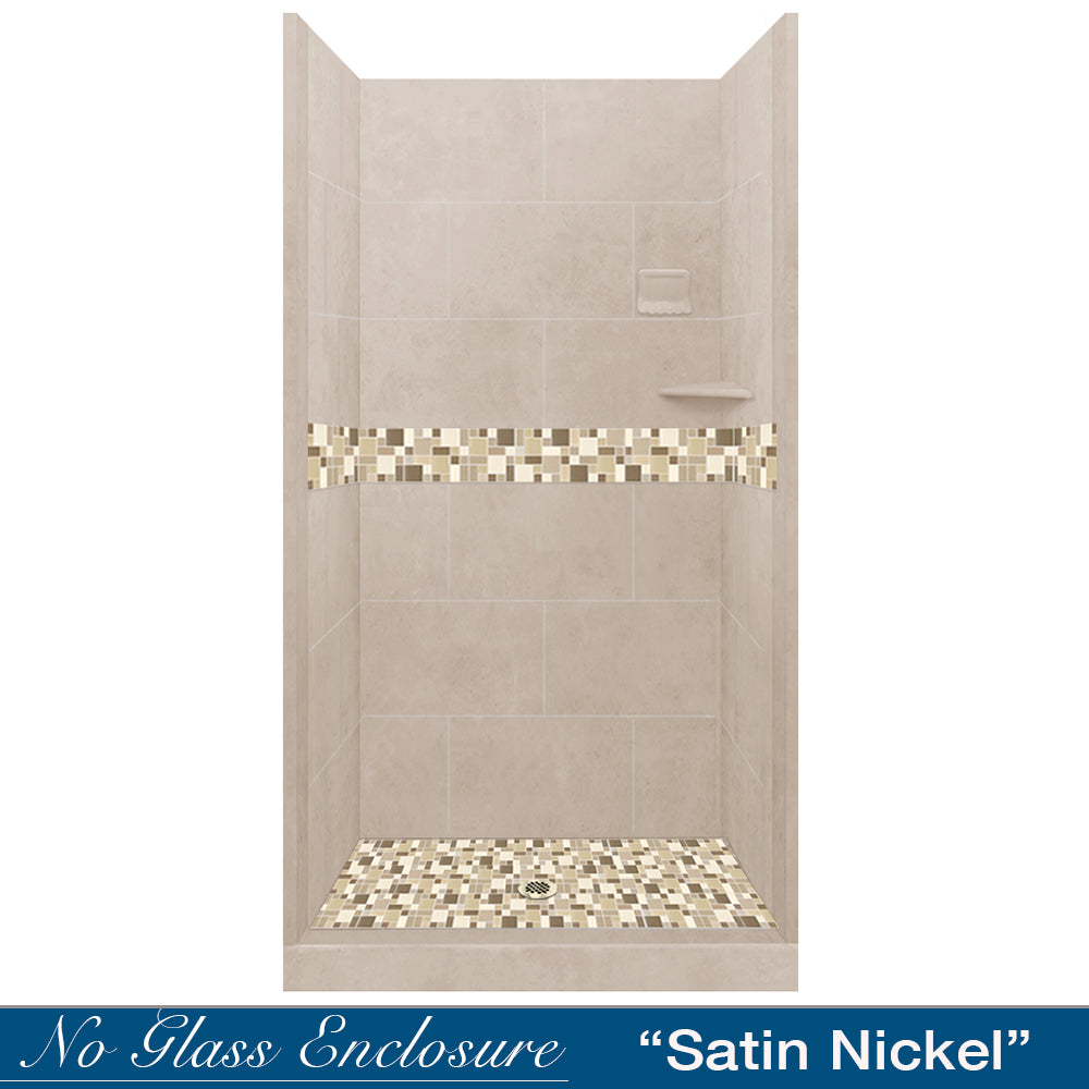 Alcove Brown Sugar Sistine Stone & Tuscany Mosaic DIY Shower Remodel Kit - Peel and Stick Tile Backsplash for Bathroom, Kitchen, Laundry Room