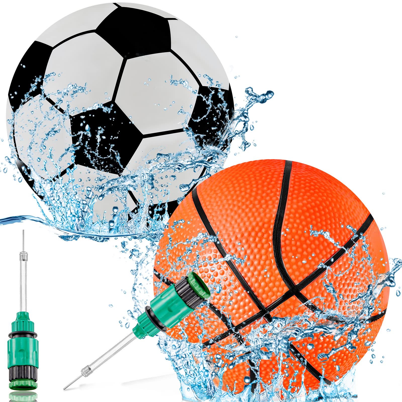 2-Pack Inflatable Pool Balls for Kids & Adults - 9 Inch Water Basketball & Soccer Ball Set with Hose Adapter - Perfect for Underwater Games, Diving, Passing & Pool Party Fun - Great Summer Pool Toys for Family Backyard Swimming Activities