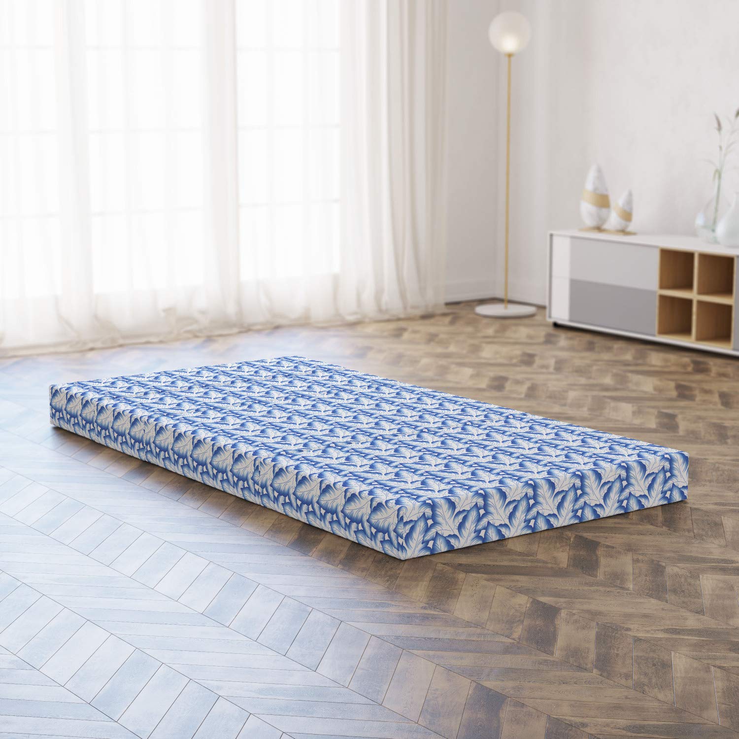 Ambesonne Leafy Foldable Mattress - Blue Floral Leaves Design, 74.8