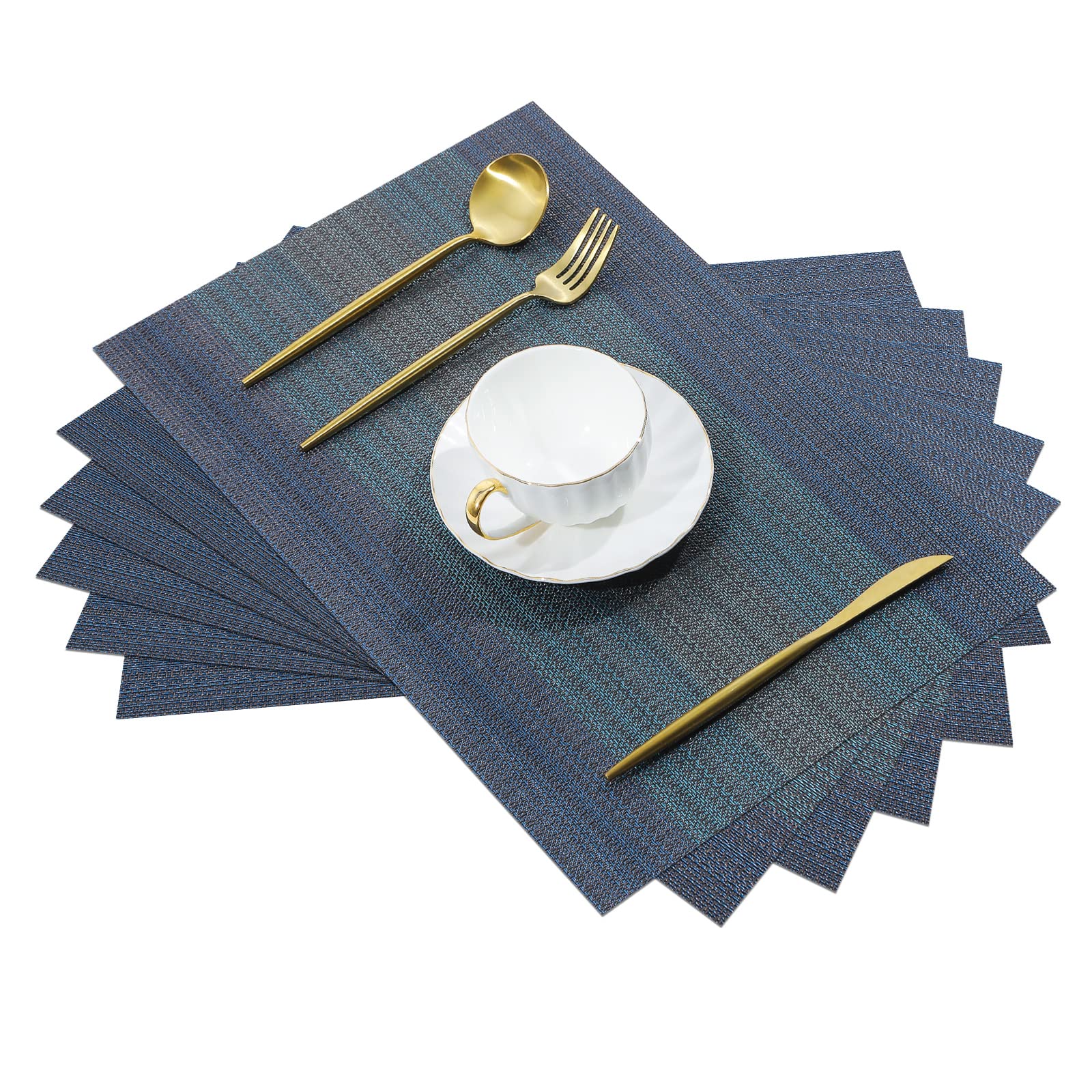 Premium Woven Vinyl Placemats Set of 6 - Heat Resistant & Washable Table Mats for Indoor/Outdoor Dining - Dark Blue - Perfect for Family Meals, Kids' Use, and Outdoor Entertaining