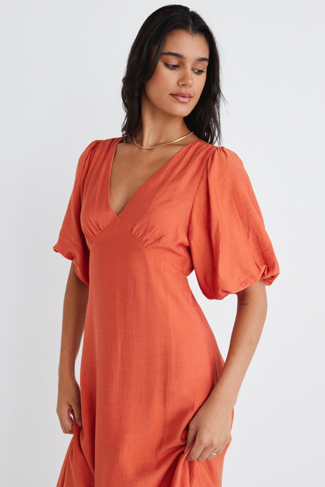 Empire Waist Persimmon Puff Sleeve Midi Dress for Women - Vintage Floral Print Summer Dress for Weddings, Parties & Date Nights