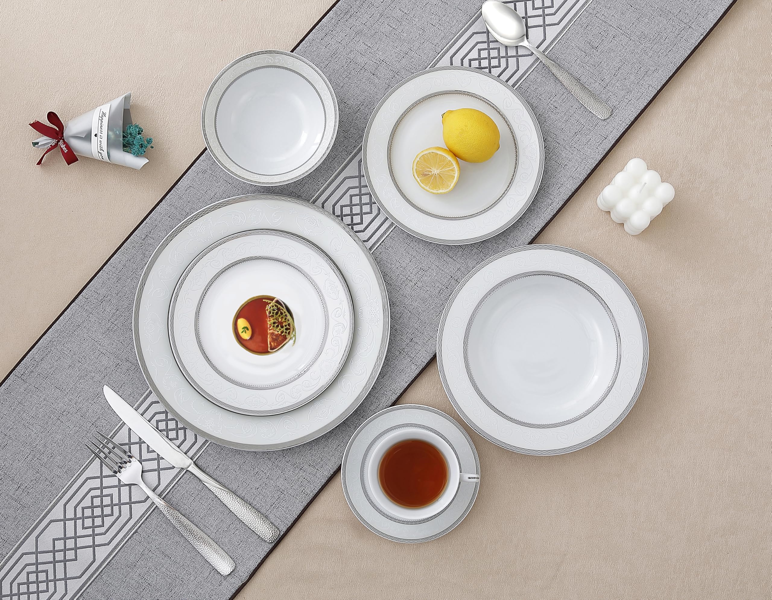 Lorren Home Trends Sirena 16-Piece Silver Dinnerware Set - Elegant Tableware for Formal Dining, Dinner Parties & Special Occasions