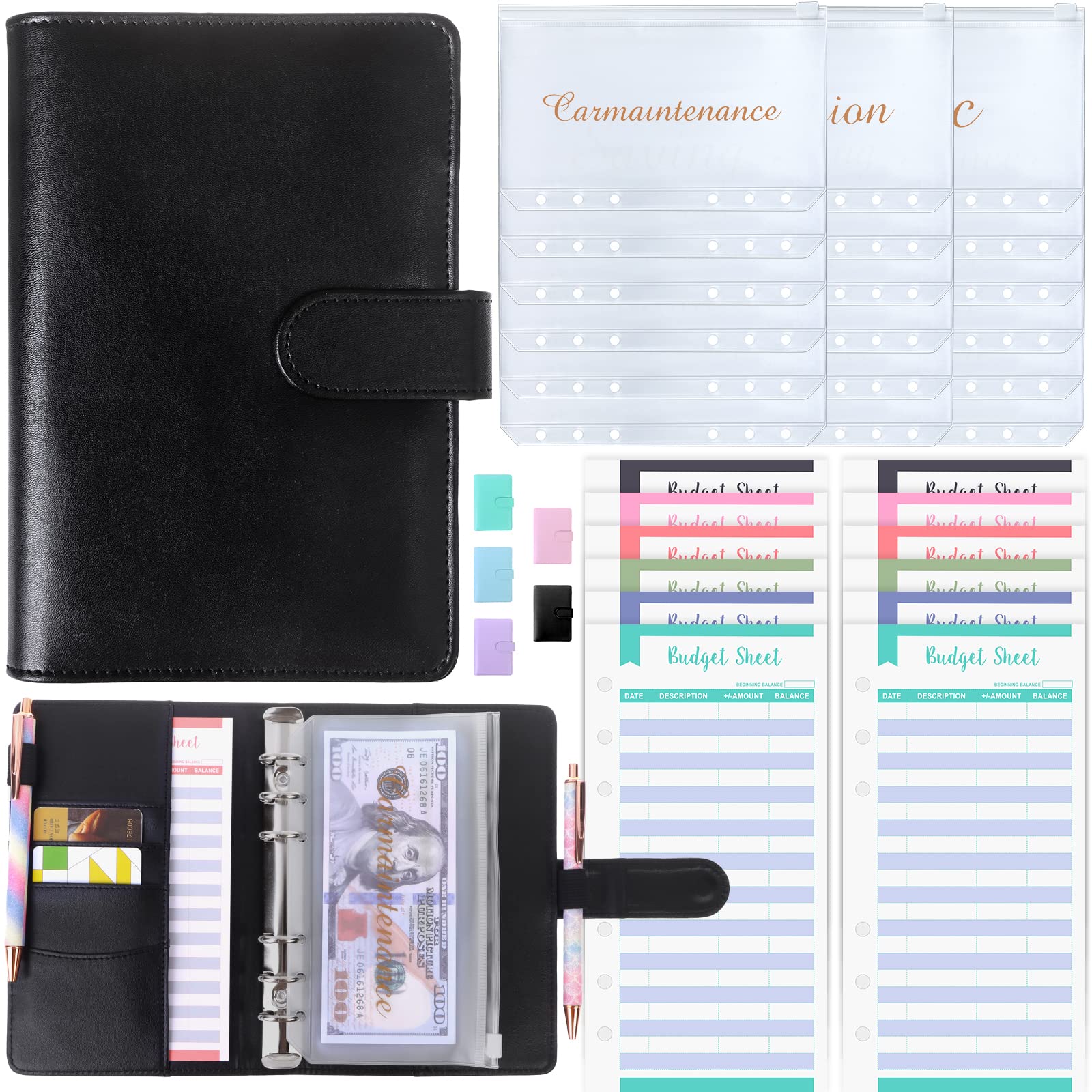 Premium PU Leather Budget Planner Set - A6 Binder Cover with 18 Colorful Budget Sheets & 18 PVC Storage Pockets | Money Organizer for Personal Finance, Bill Tracking & Travel Expense Management | Home & Office Use