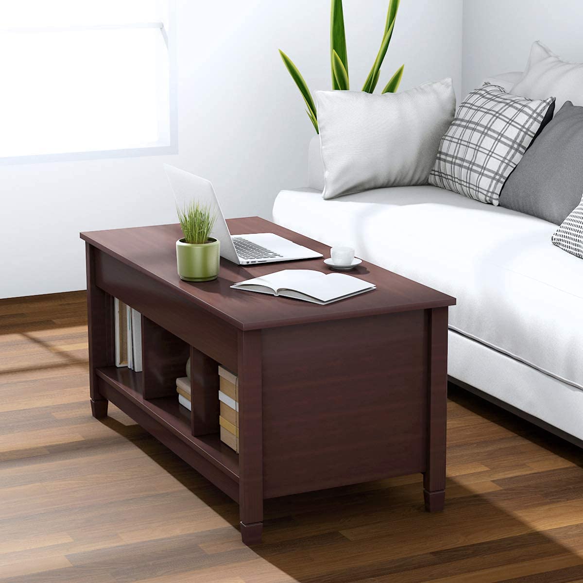 Modern Moccha Wood Lift Top Coffee Table with Hidden Storage & Open Shelf - Espresso Finish for Living Room, Office & Reception Areas | Space-Saving Pop-Up Design for Dining, Working & Entertaining