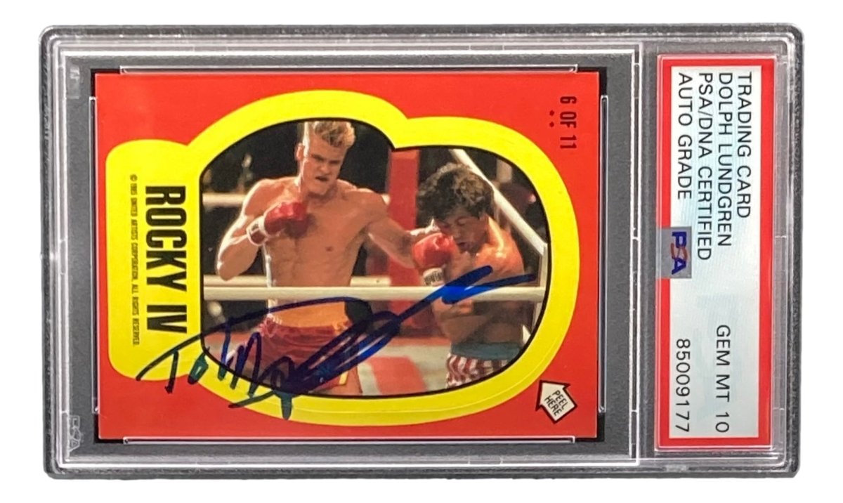 Dolph Lundgren Autographed Ivan Drago 1985 Topps #6 Sticker Card PSA/DNA Certified Gem Mint 10 - Perfect for Rocky Movie Memorabilia Collectors & Sports Card Enthusiasts