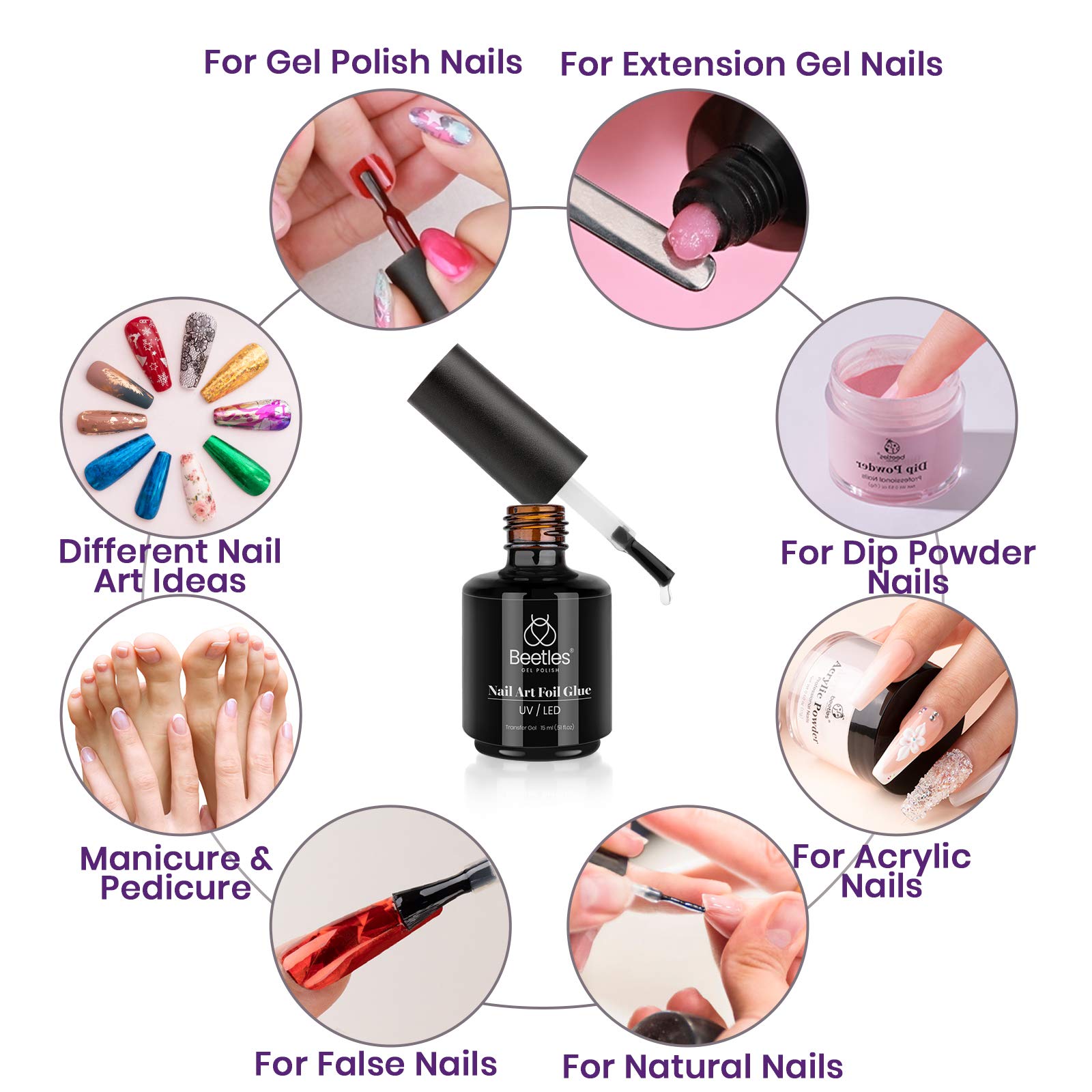 Beetles Nail Foil Glue Gel - 15ML Nail Art Transfer Adhesive for Foil Stickers & Manicure Designs | LED Lamp Required | Perfect for DIY Nail Art & Salon Professional Use