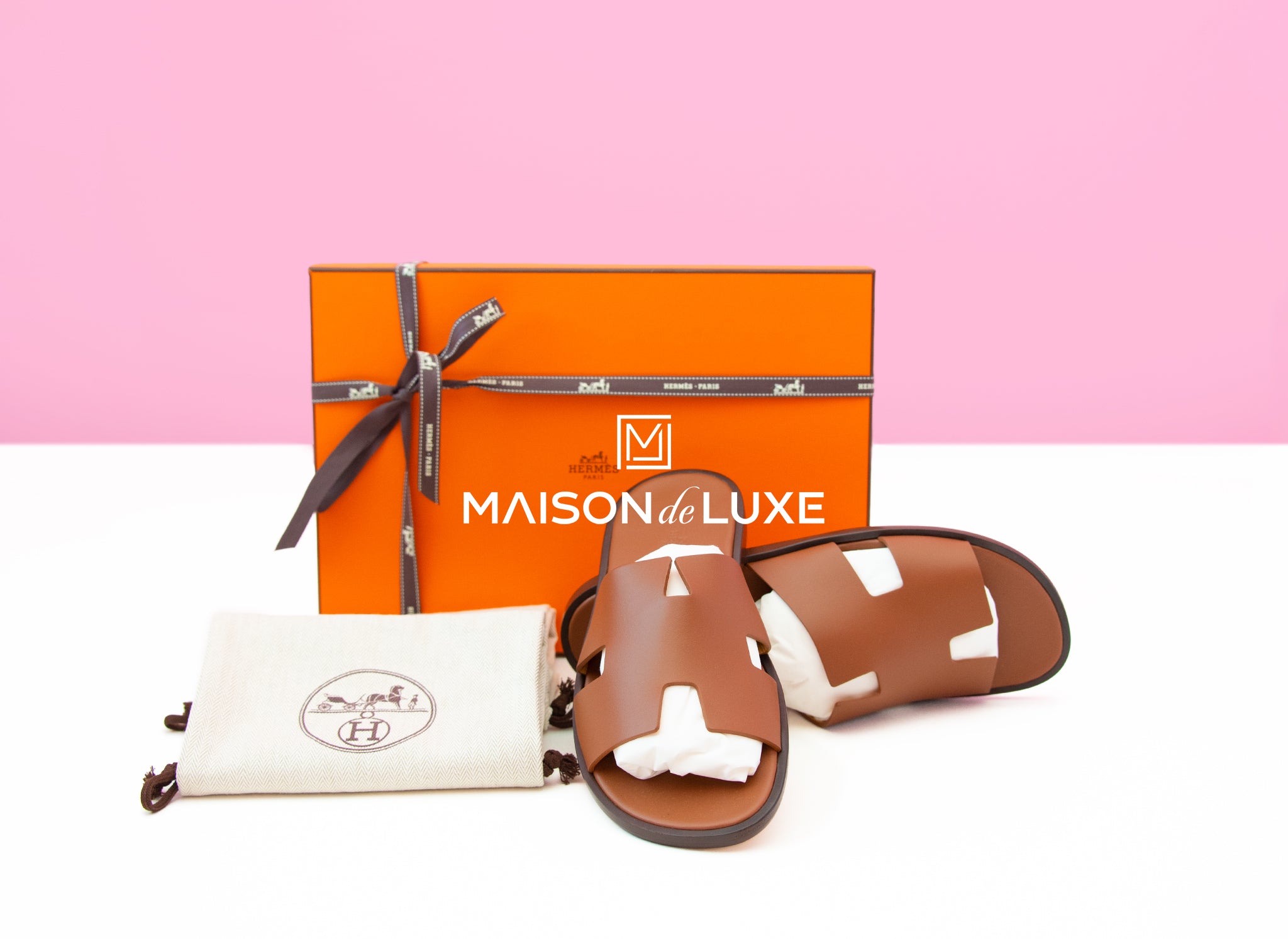 Hermes Men's Gold Brown Izmir Sandal Size 43.5 - Luxury Leather Summer Slides for Beach, Pool & Casual Outfits