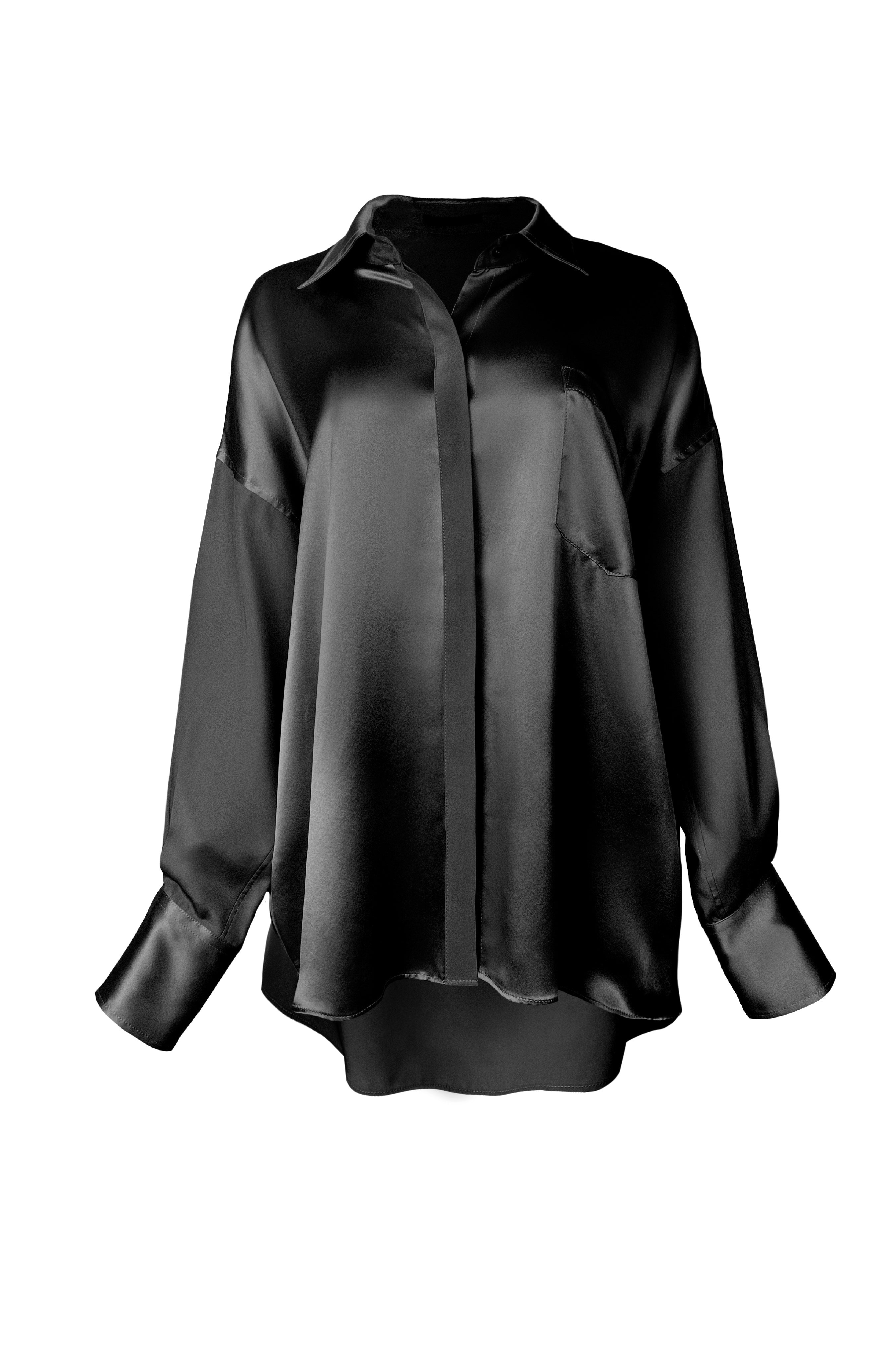 Oversized Button Down Silk Blend Shirt for Women - Black | Elegant & Comfortable Blouse for Work, Office, and Casual Outfits