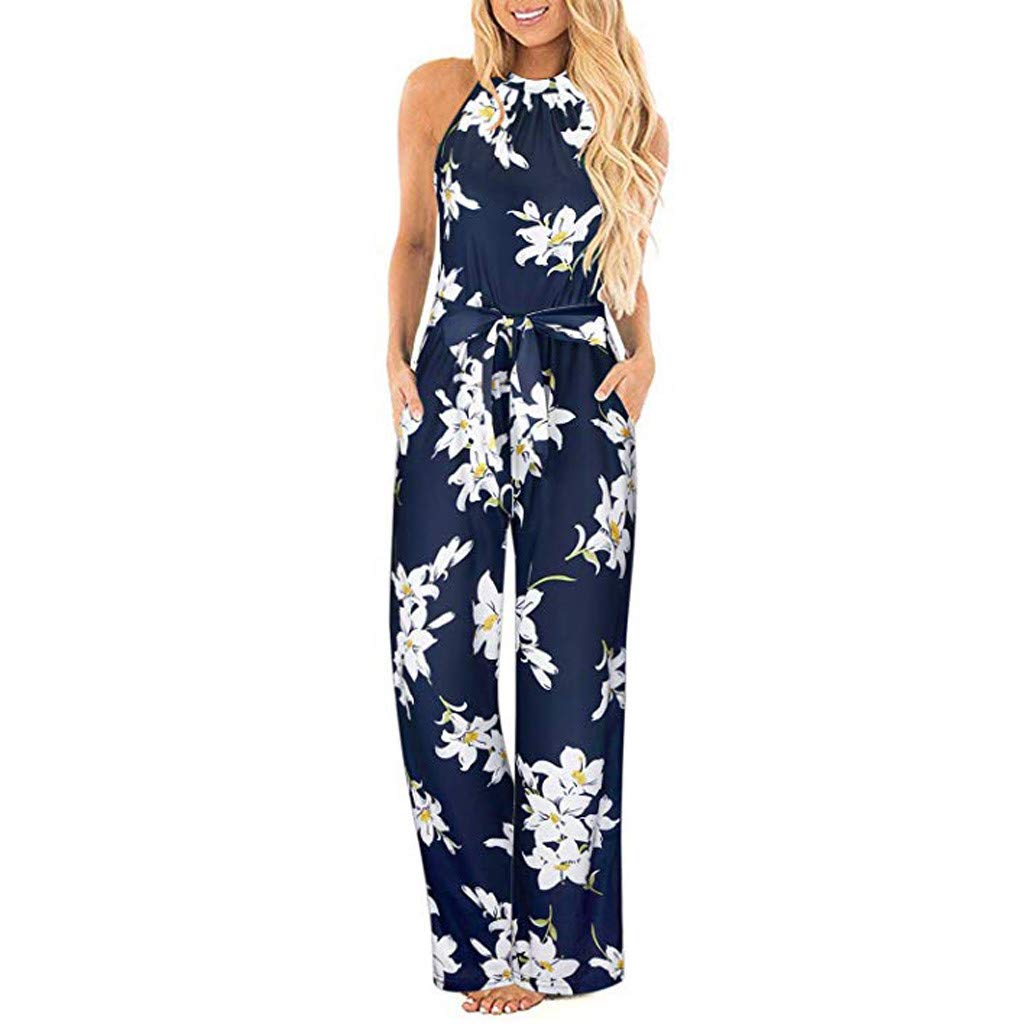 TUSANG Women's Floral Halter Neck Sleeveless Jumpsuit with Belt & Pockets - Loose Fit Long Romper for Summer, Beach, Vacation & Casual Wear