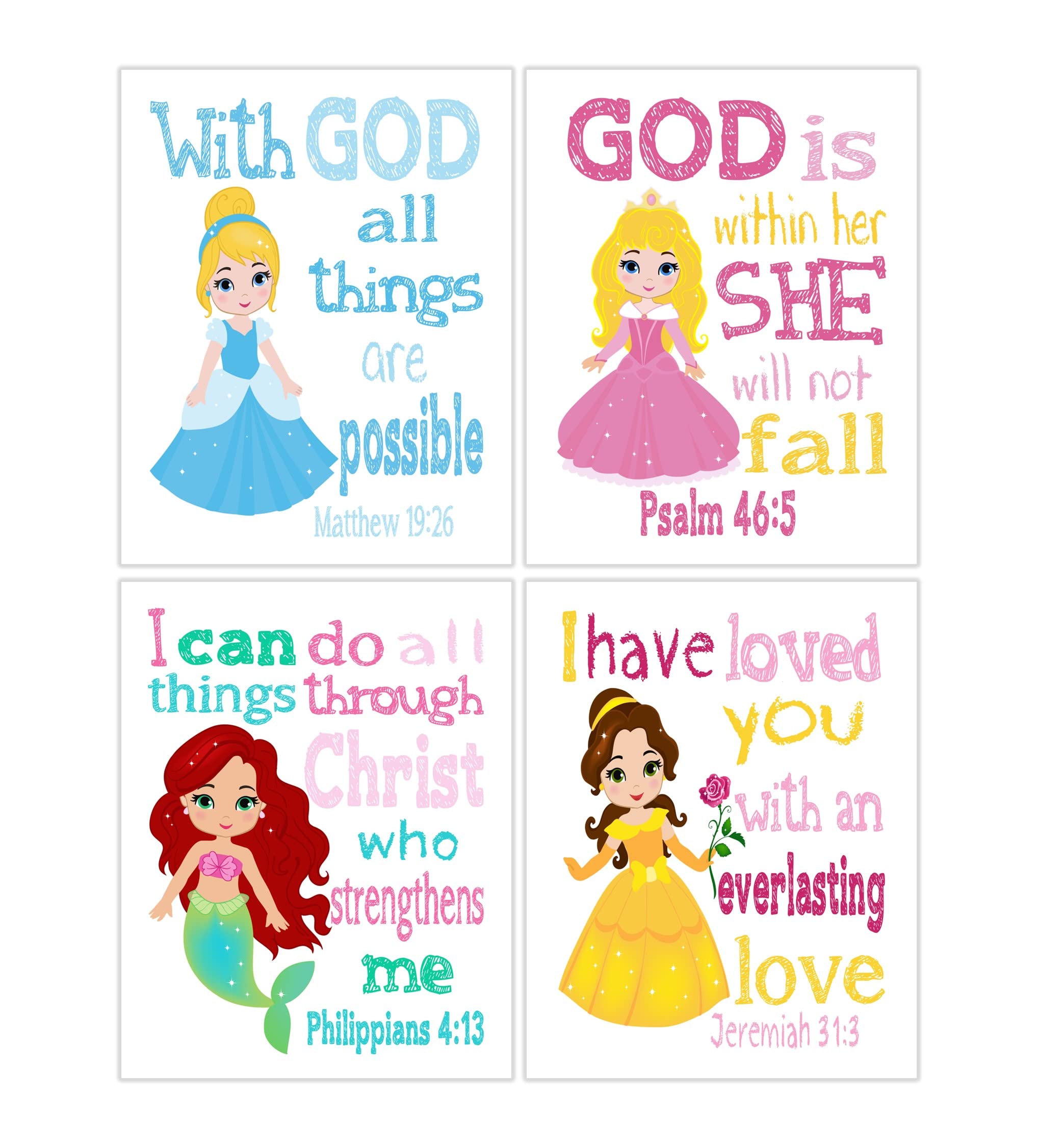 Princess Nursery Decor Set - Aurora, Ariel, Cinderella, Belle with Bible Verses for Baby Girls Room