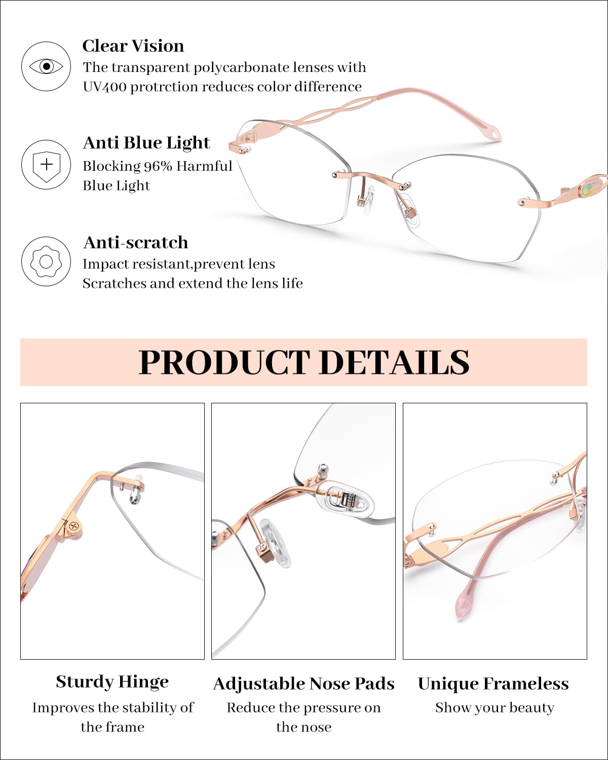 Blue Light Blocking Rimless Reading Glasses for Women - Lightweight Metal Computer Glasses Anti Eyestrain - Perfect for Office Work, Screen Time & Reading Books