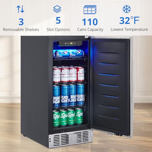 GARVEE 15 Inch Beverage Refrigerator - 110 Can Capacity Stainless Steel Mini Fridge with LED Temperature Control (32-50°F), Adjustable Shelves - Perfect for Kitchen, Home Bar, Office, or Dorm Room
