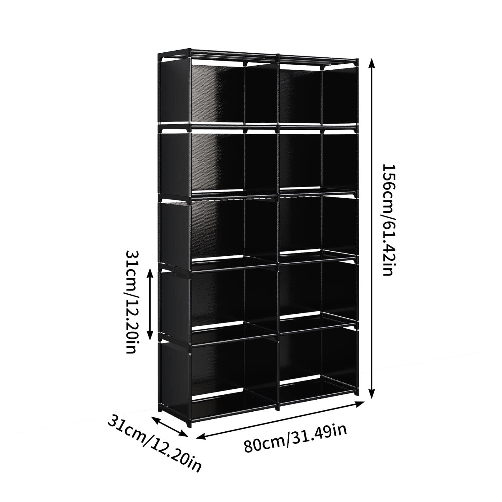 JIUYOTREE 6-Tier Portable Bookshelf with Fabric Back - 10 Cube Storage Organizer Bookcase for Living Room, Study, Bedroom - Black | Space-Saving Home & Office Organization Solution