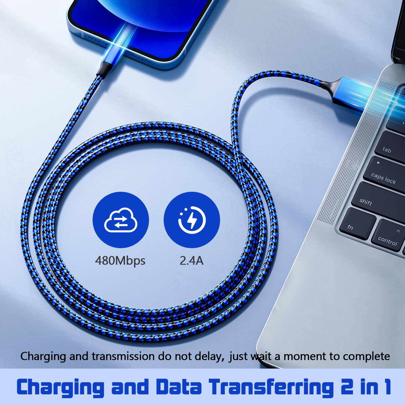 HKYUSHINE 3-Pack 6ft MFi Certified Lightning Cable - Durable Nylon Braided iPhone Charger Cord for iPhone 14/13/12/11/X/8/7 (Blue, Purple, Red) - Fast Charging & Data Sync for Home, Office, Car & Travel