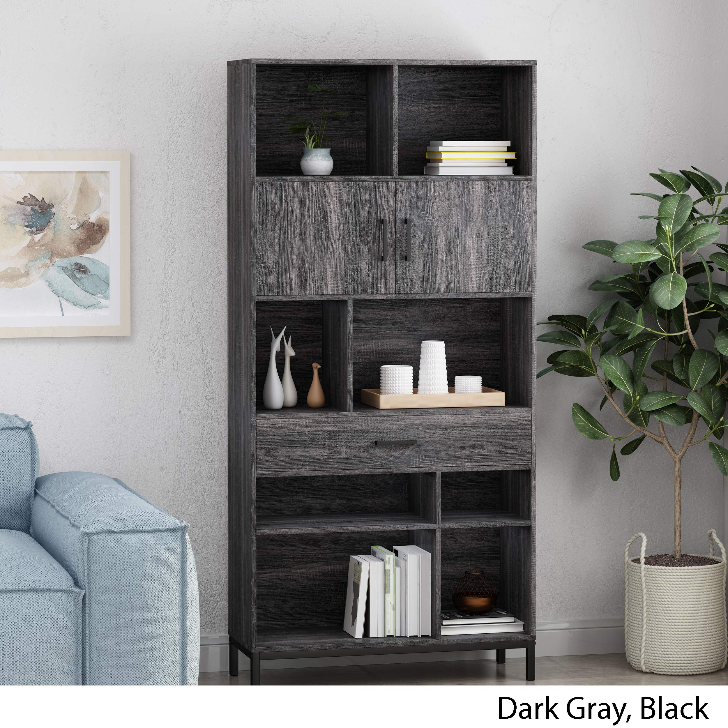 GDFStudio Contemporary Faux Wood Cube Unit Bookcase - Dark Gray & Black Storage Shelf for Living Room, Bedroom, Office | Modern Bookshelf & Display Organizer
