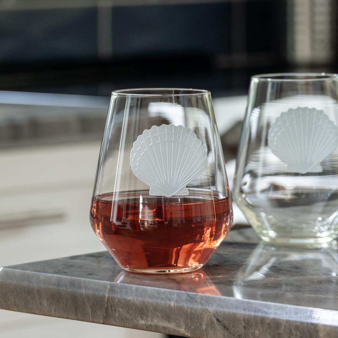 Premium 18oz Scallop Shell Stemless Wine Tumbler Glasses - Set of 4 | Elegant Drinkware for White Wine, Cocktails & Iced Beverages | Perfect for Beach Parties, Picnics & Outdoor Entertaining