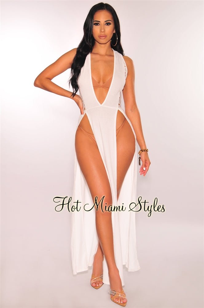 Elegant White Crochet Double Slit Maxi Dress for Women - Boho Beach Cover Up, Summer Vacation, Pool Party & Date Night Outfit