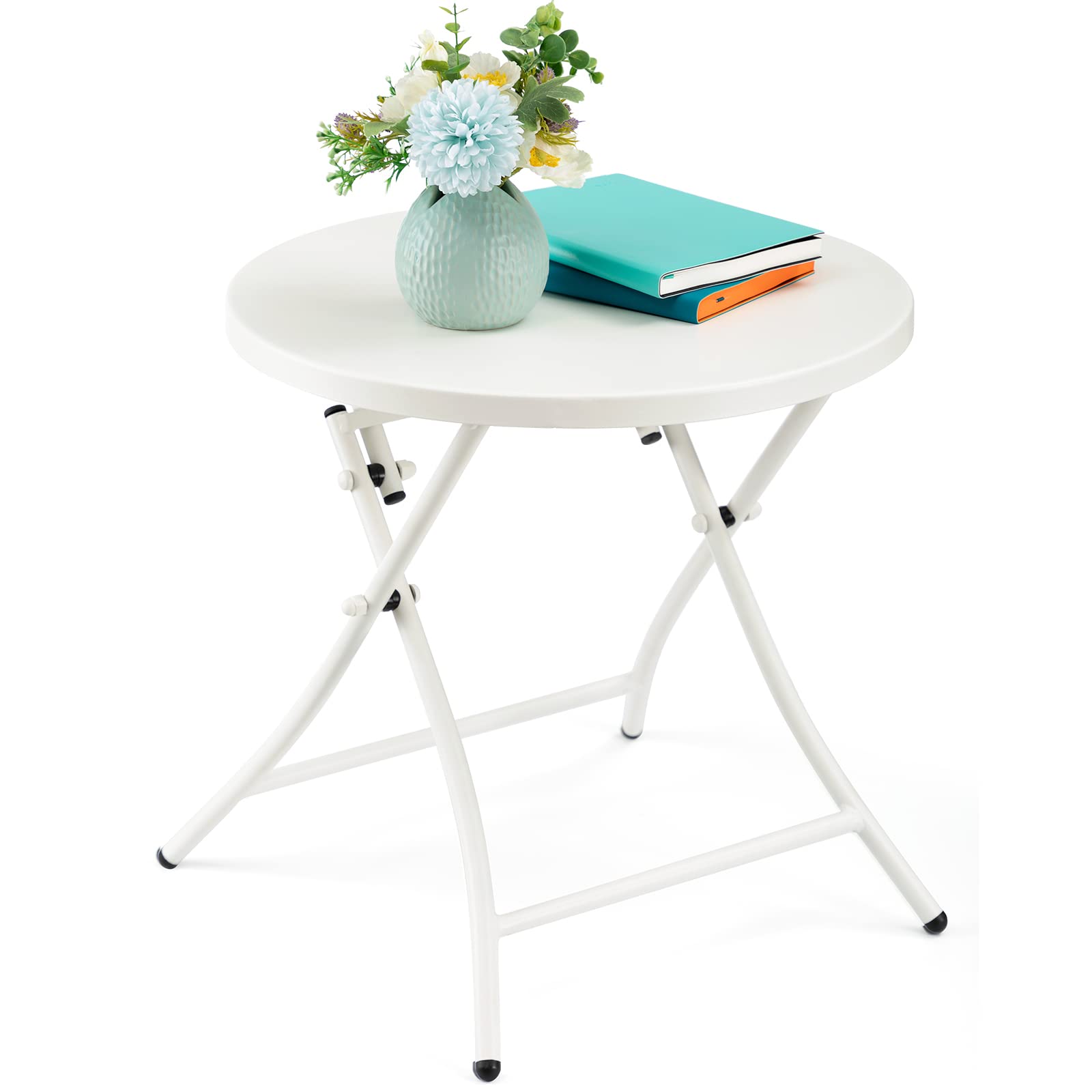 TeoKJ Folding Outdoor Side Table - Rust-Resistant Round Metal Patio End Table for Porch, Yard, Balcony, Deck & Lawn | Perfect for Outdoor Dining, Lounging & Entertaining (All White)