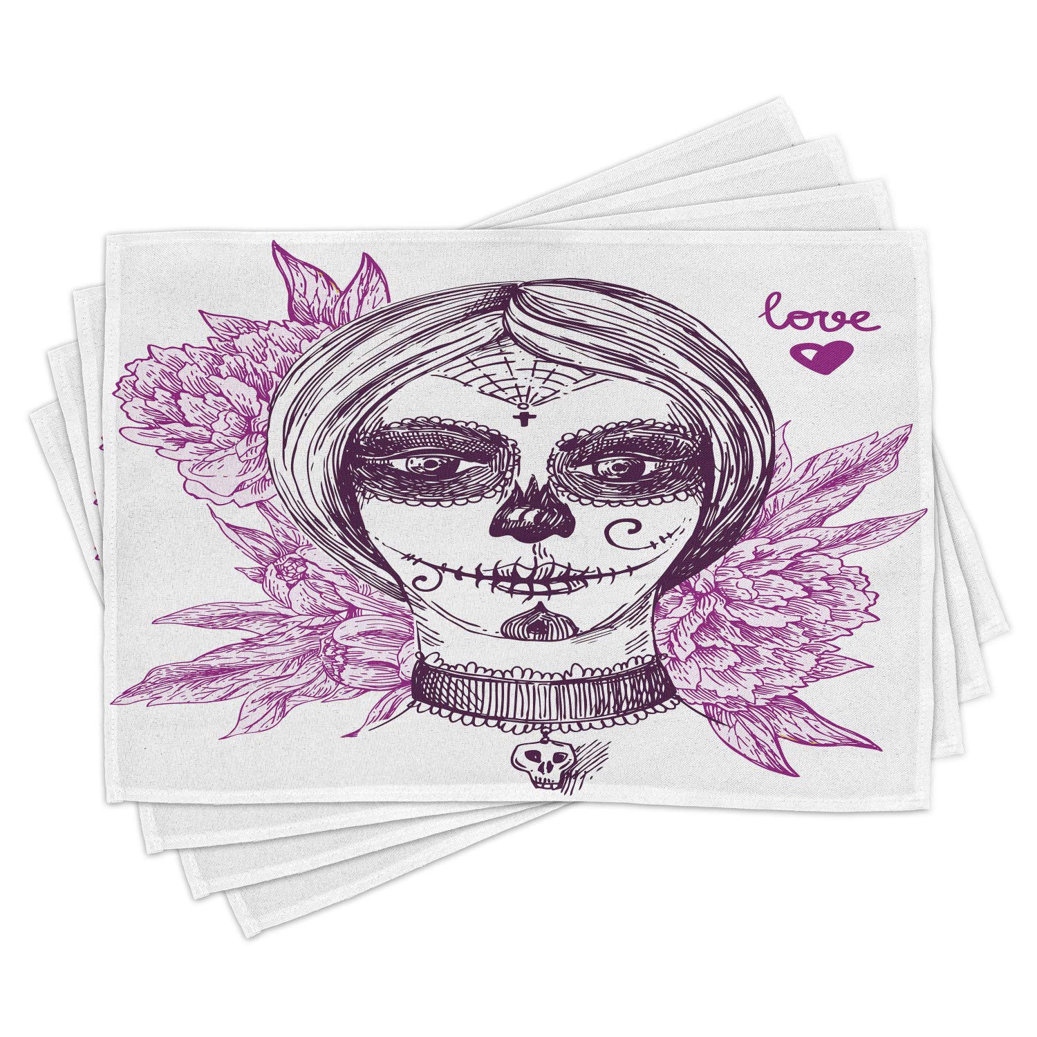 Ambesonne Day of The Dead Place Mats Set of 4 - Gothic Vampire Skull with Floral Print Washable Fabric Placemats for Dining Table & Kitchen Decor in Violet Purple & White - Perfect for Halloween, Gothic Parties & Mexican Themed Dinners